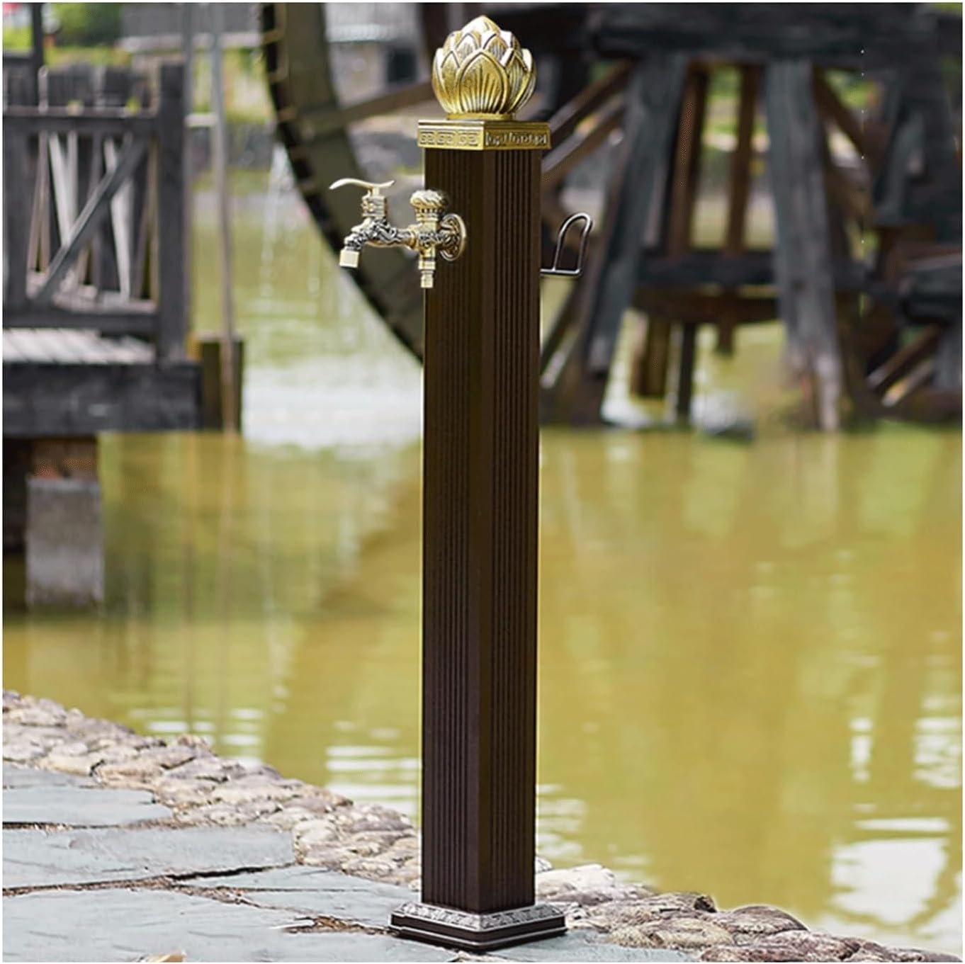 Outdoor Vertical Lotus Garden Water Column - Double Outlet Faucet Freestanding Hose Stand, Square Water Fountain & Yard Hydrant for Courtyard (74x17cm)