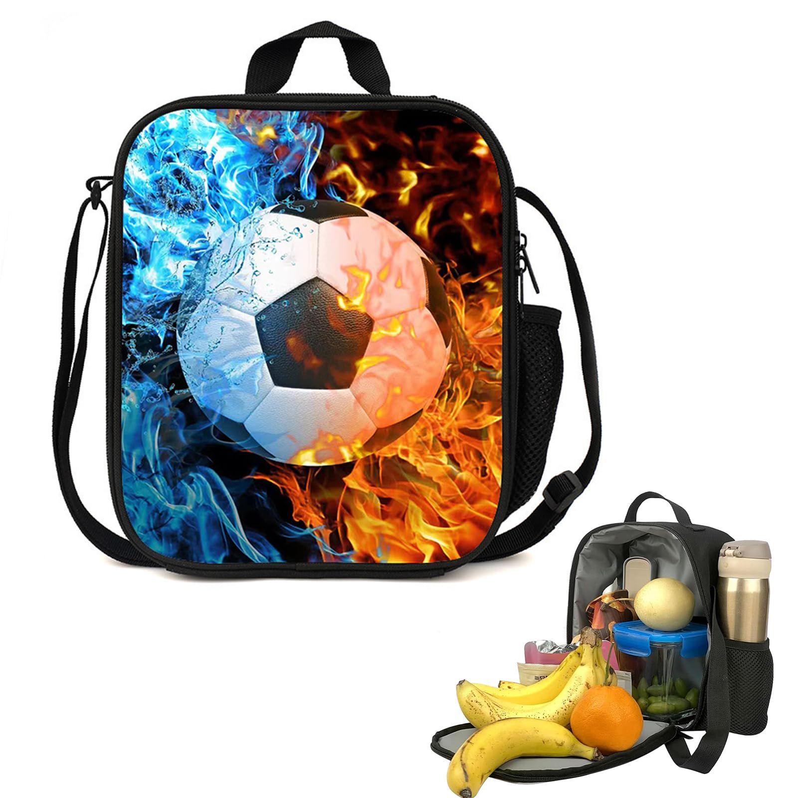 XMSHYODSM Football Lunch Box Bag, 3D Football Insulated Lunch Bag, Portable Footballs Lunchs Box with Water Bottle Holder Reusable Cooler Bags for School Picnic Travel Hiking Camping