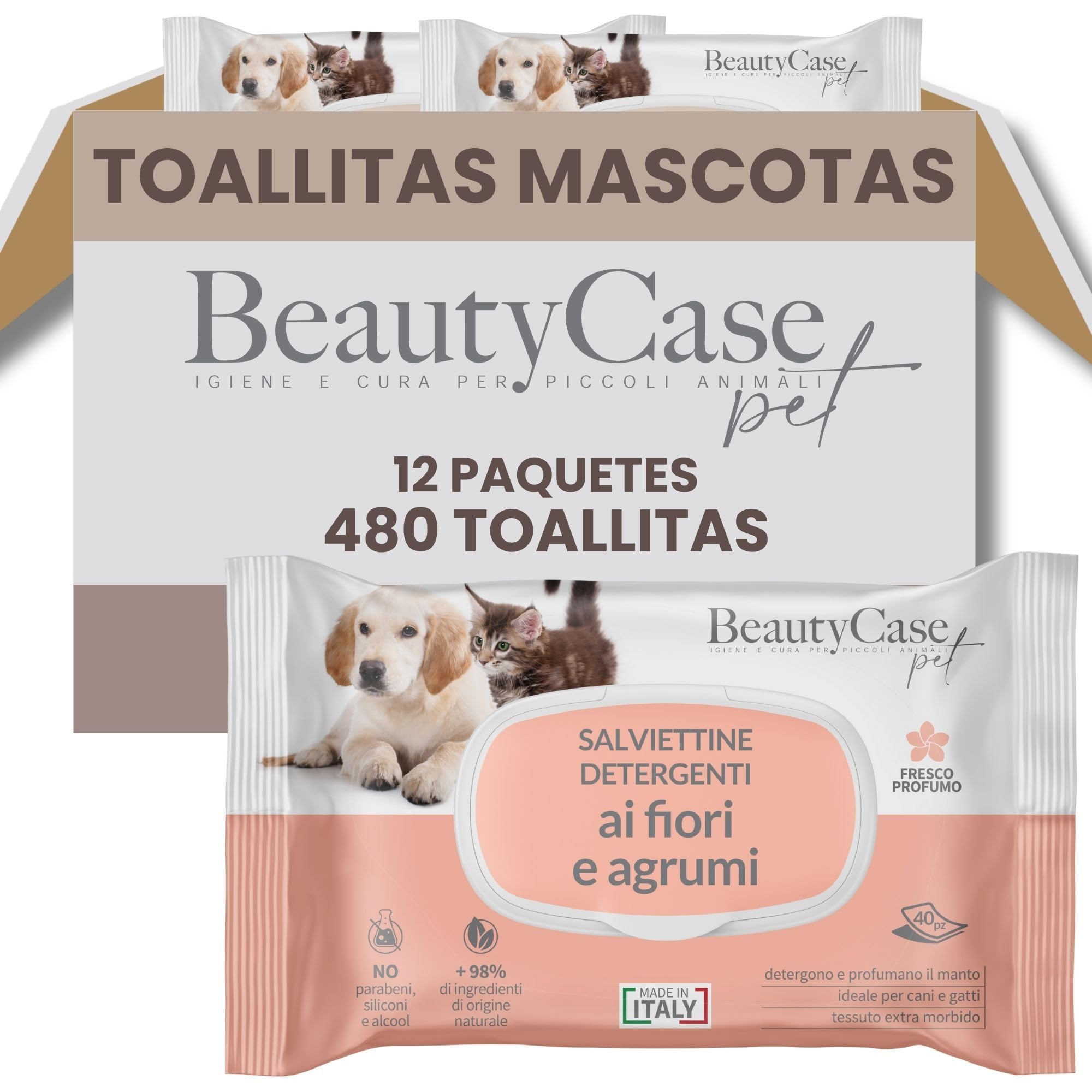 Beauty Case Toallitas para Mascotas 480 uds (12x40) - Toallitas Higiene Perro y Gato Extra Suaves, Hipoalergénicas, Desodorizantes y Sin Enjuague - Aroma Flores Frescas y Cítricos