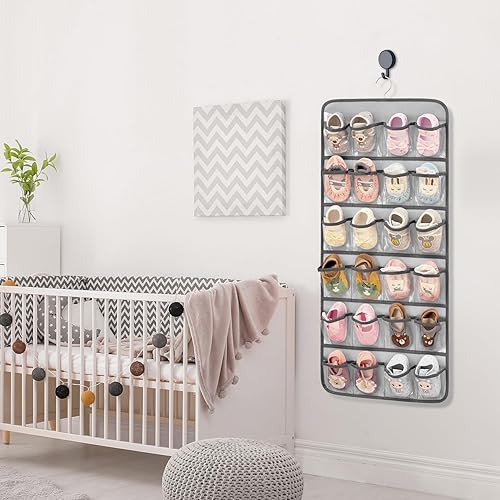Miniatura 4 de Organizador de zapatos de bebé colgantes de doble cara para armario, soporte de almacenamiento de zapatos para niños con lazo y ropa interior (gris)