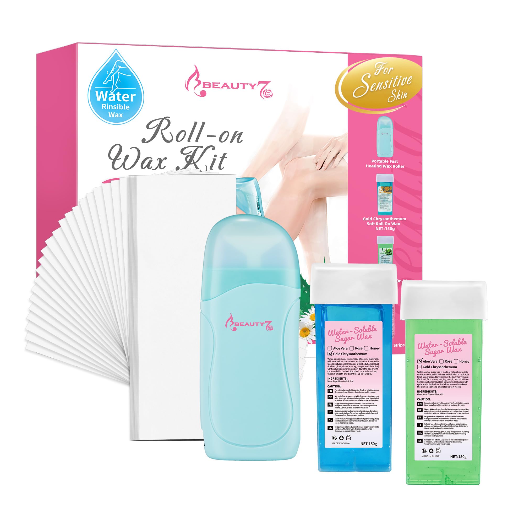 Beauty7 Elektrisches Warmwachsgerät Wachspatronen Set, 2 x Roll-on Wax Wachspatronen, Roll On Wax Roller, für die Haarentfernung im Achsel, Intim, Bein und Brustbereich mit 100 Vlies-Wachspapier
