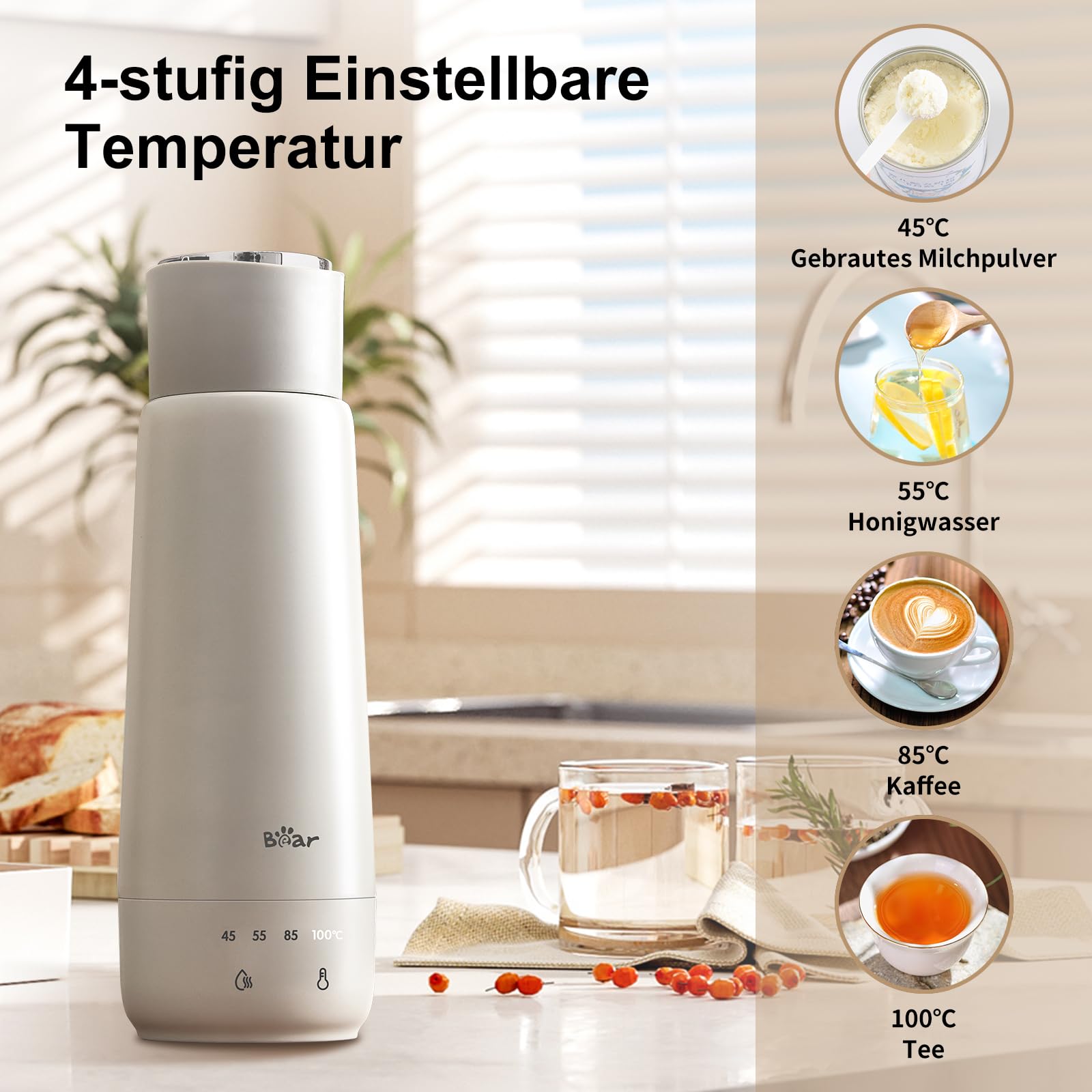 Bear Czajnik elektryczny 300 ml, 4 temperatury, 3 w 1, dwuwarstwowy, ze stali nierdzewnej 304, przenośny, mały, szybki ogrzewanie, izolowany kubek, wersja nieładowana