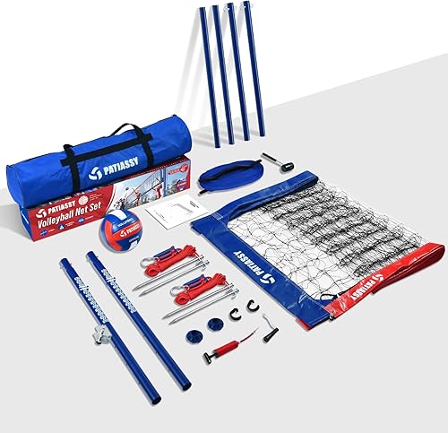 Miniatura 8 de Juego de red de voleibol profesional portátil para exteriores con postes de aluminio de altura ajustable, sistema de cabrestante, voleibol con bomba