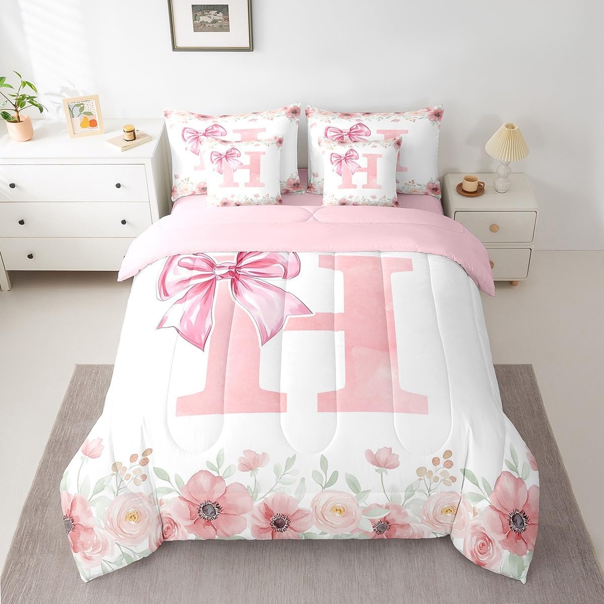 Erosebridal Alphabet H Bed in A Bag, Initial Letter H Bowknot Bedding Sets Queen Size for Kids Girls, Kawaii Girly Princess Bed Set Bedroom Decor Flower Floral Spring Comforter Set with Sheets