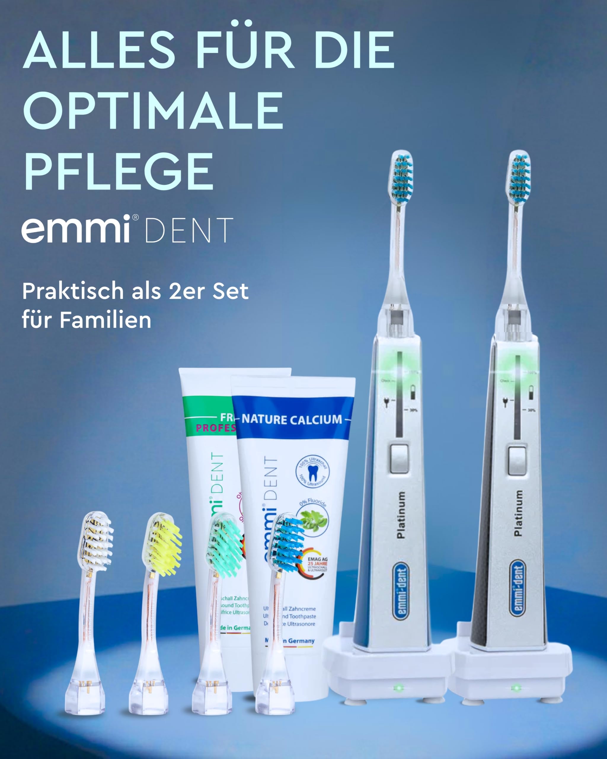 emmi-DENT Ultraschall Zahnbürste I Platinum Familien-Set in Blau I 2 Handteile inkl. Aufsätze, 2 Ladestationen & 2x Zahnpasta I Sanfte Plaque-Reduzierung ohne Bürstenbewegung