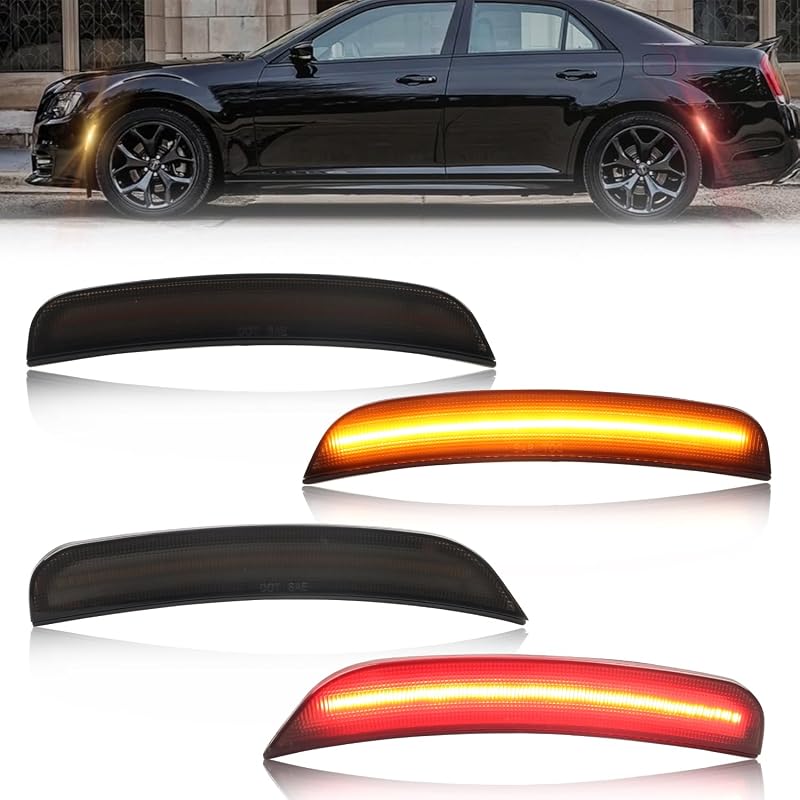 Luzes LED laterais para-choque GSOWO Chrysler 300 2015–2023, dianteiras âmbar e traseiras vermelhas com lente fumê – Kit com 4 unidades
