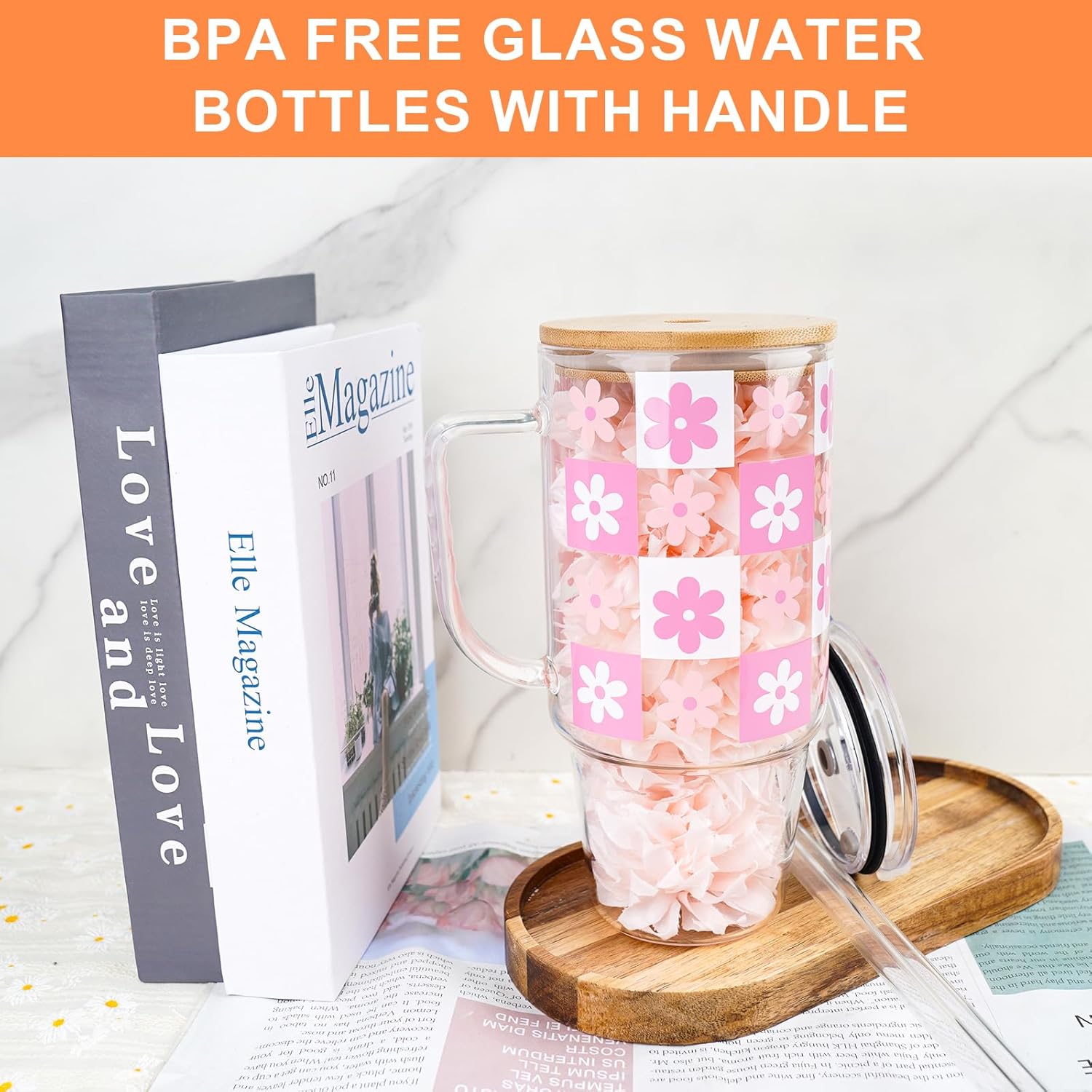 Cute Flower Glass Tumbler with 2 Lids and 2 Straws, 40oz Glass Cup with Handle for Girls, Valentines Gifts Car Accessories for Women - Image 2