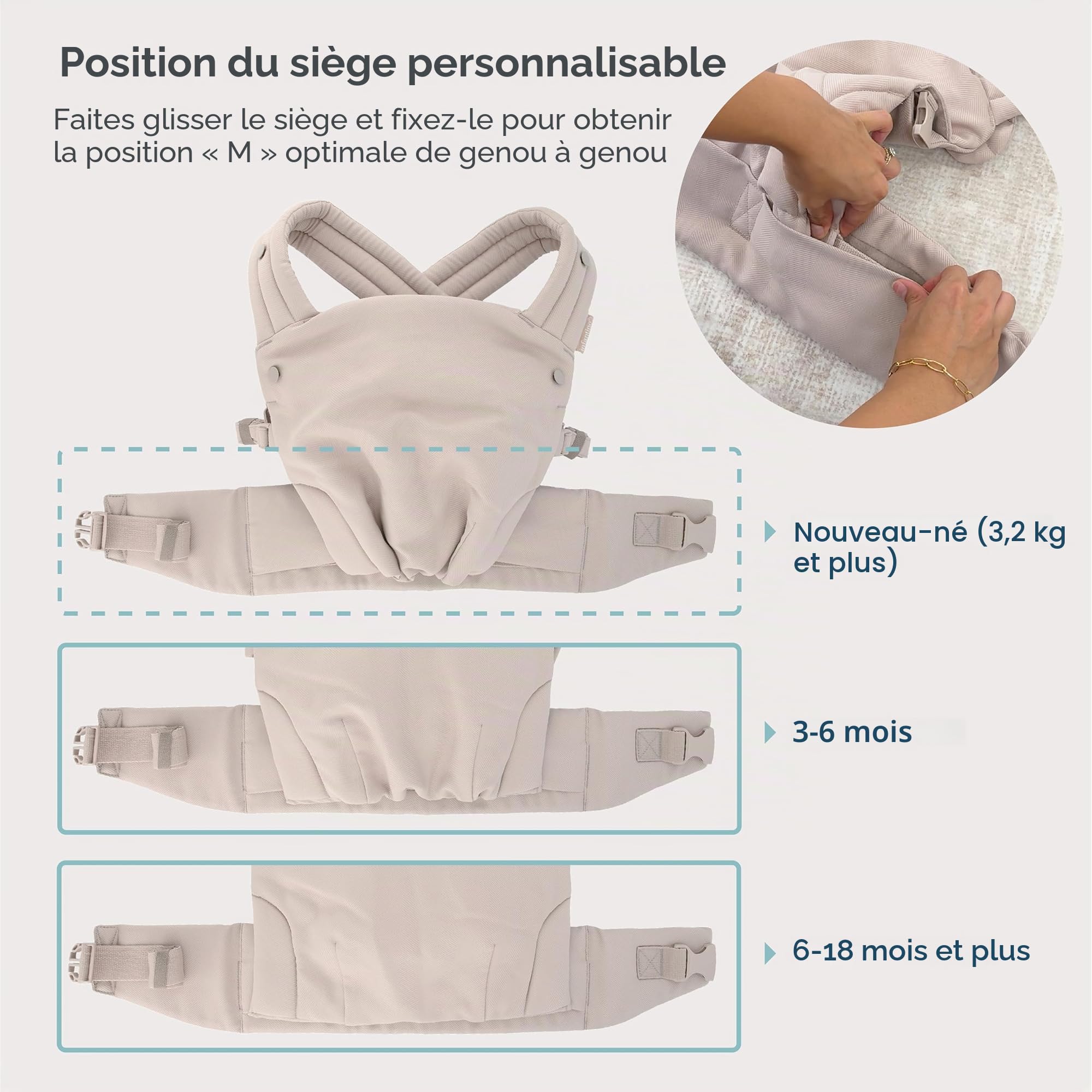 Infantino Honey Blossom Porte-Bébé Ergonomique Maille Respirante, 3,2–18,1 kg, Position en M, Assise Réglable, Moon Beam