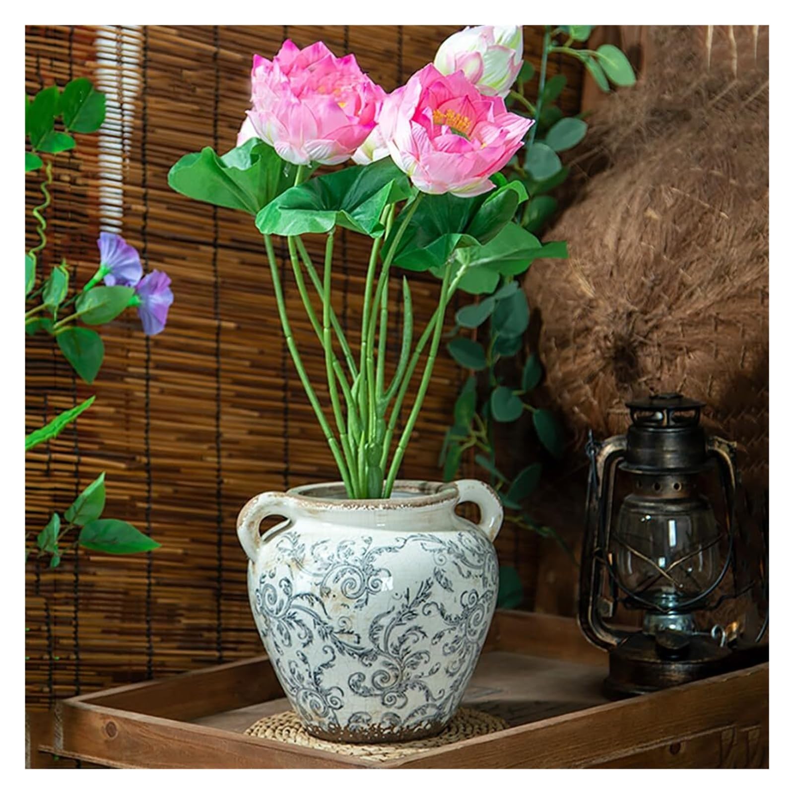 Vase en céramique vieilli gris de style chinoiserie pour étagère élégante