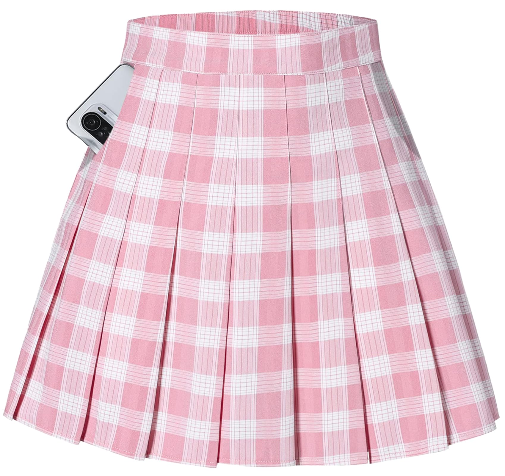 Pink White Plaid Pleated Skirt, Girls Pockets
