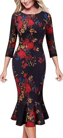 VFSHOW Womens Vintage Elegant Cocktail Party Bodycon Mermaid Midi Dresses | 3/4 Sleeve, Round Neck, Date Night, Semi-Formal, Slim Wedding Guest Pencil Mid-Calf Dress