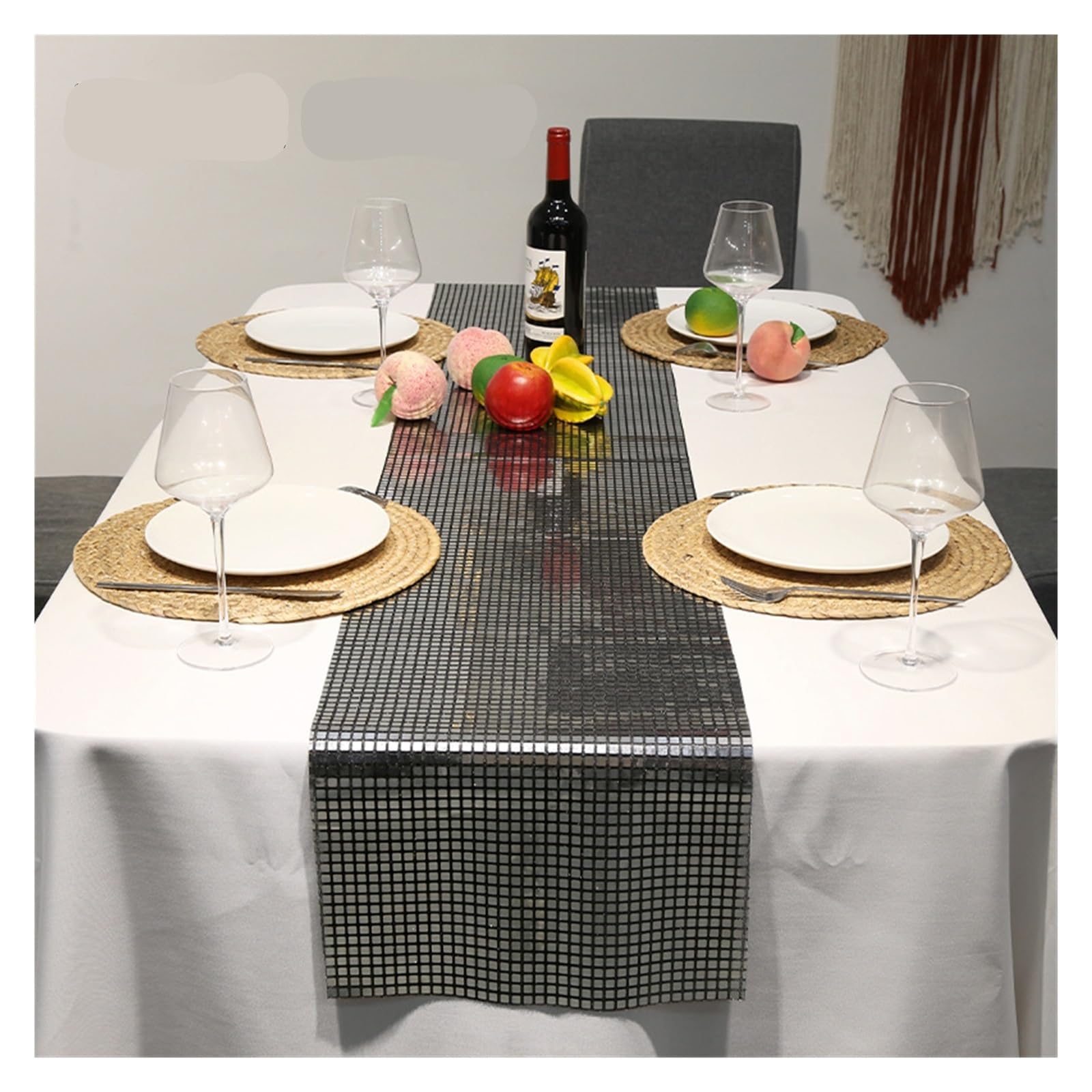 Disco Table Runner Glitter Sequin Disco Table Runner Mirror Gold/Silver Foil Metallic Dining Decoration(Black Silver,30x275cm)