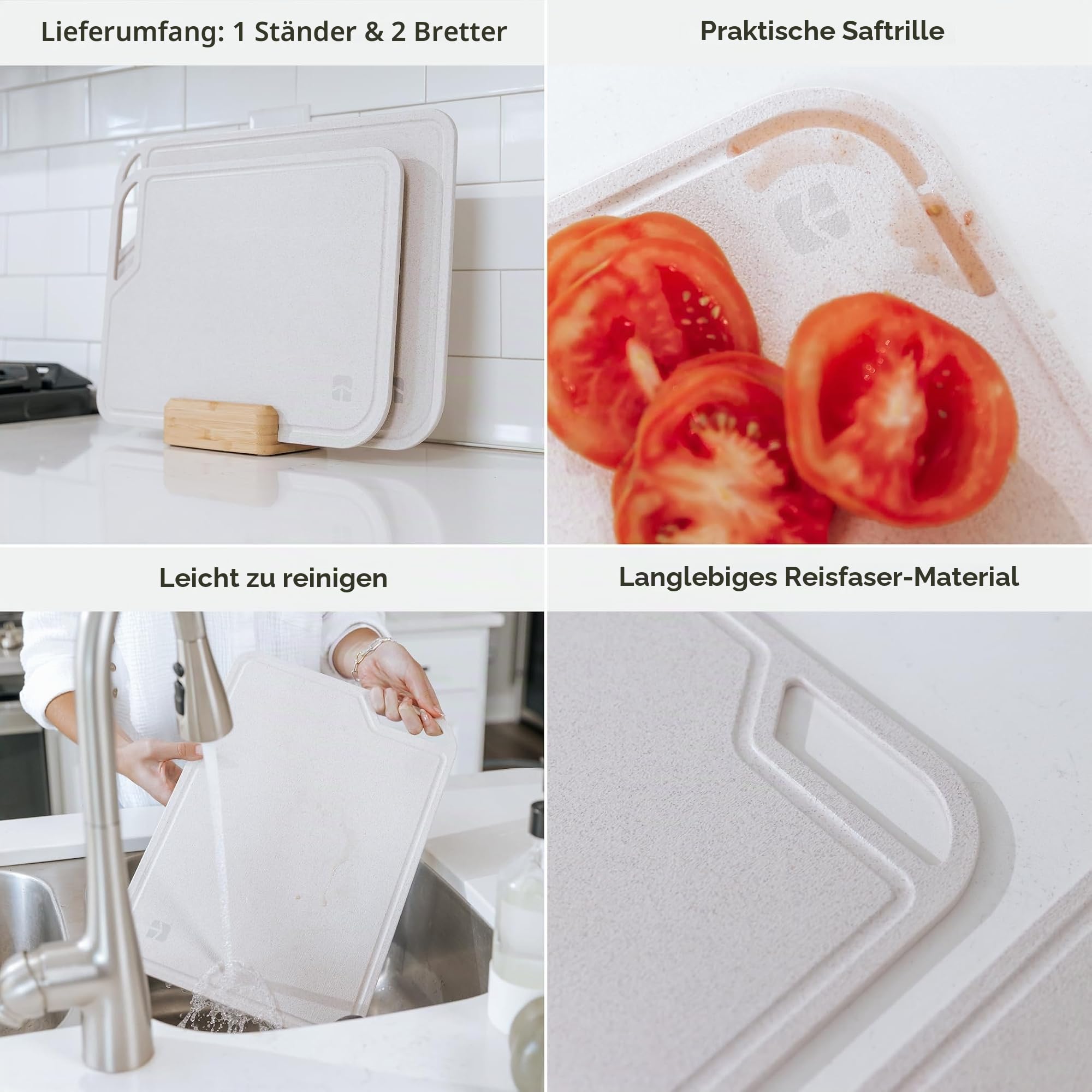 KitchenEdge Reisfaser-Schneidebrett-Set mit Bambus-Ständer für die Kochvorbereitung, 2 Stück Küchen-Set, mit Saftrillen und Griffen, (13.5x9.5, 15.5x11 in)
