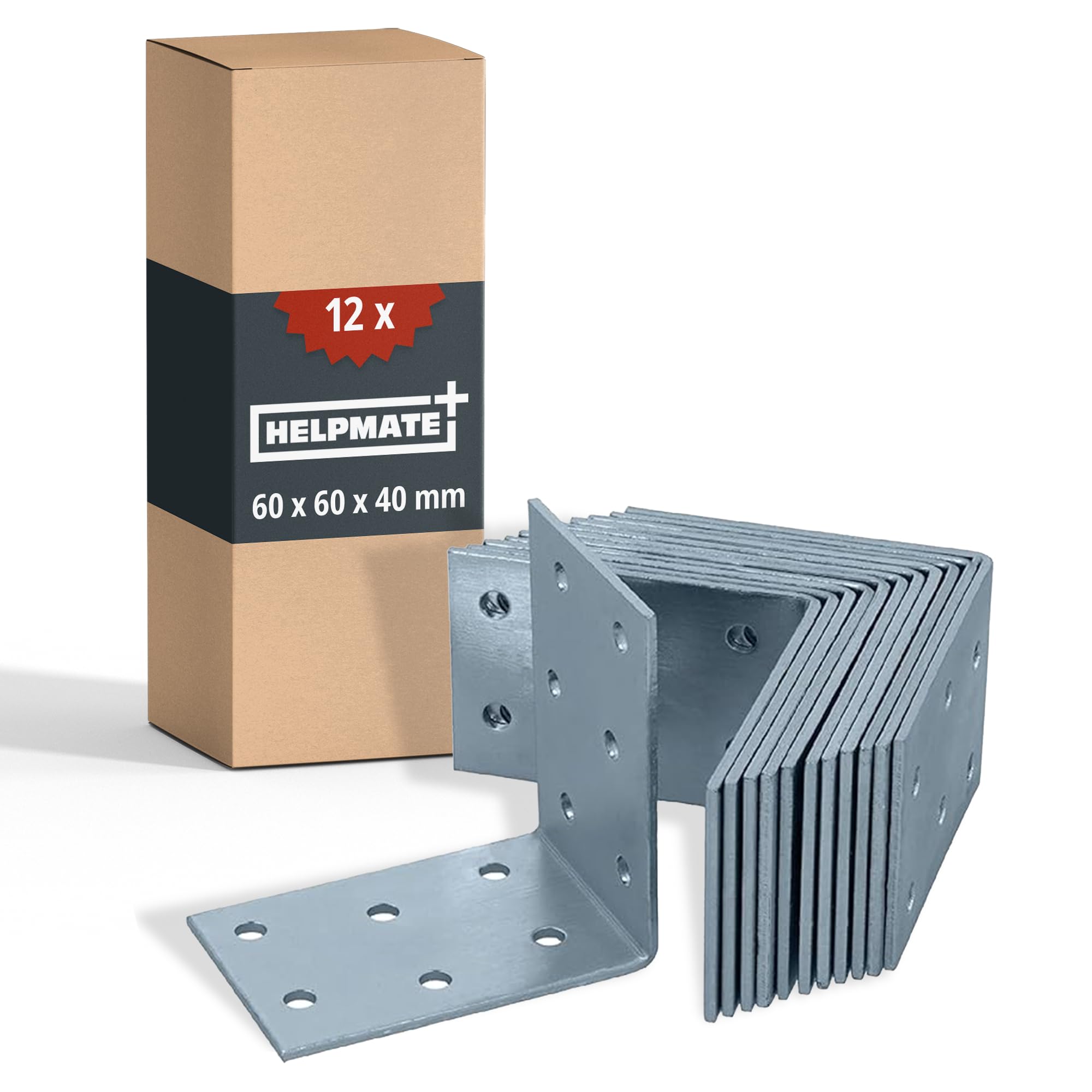 HELPMATE – 12 Stück Lochplattenwinkel 60x60x40 mm – Winkelverbinder galvanisch verzinkt & blau passiviert – Holzverbinder mit Korrosionsschutz, stabil & langlebig – einfache Montage