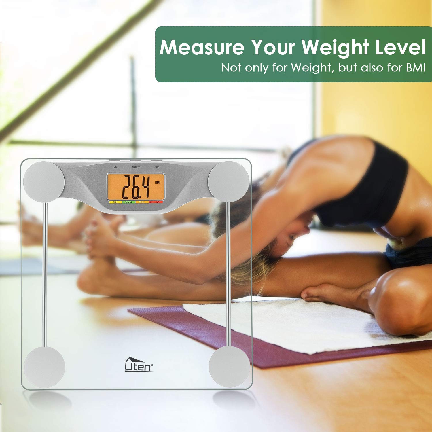 Uten Digital Body Fat Bathroom Scale with BMI High-Precision Smart Weight Scales with Large Backlight 5 Colors LCD Display, Step-On Technology, Round Corner Design and 6MM Glass 400lb Capacity