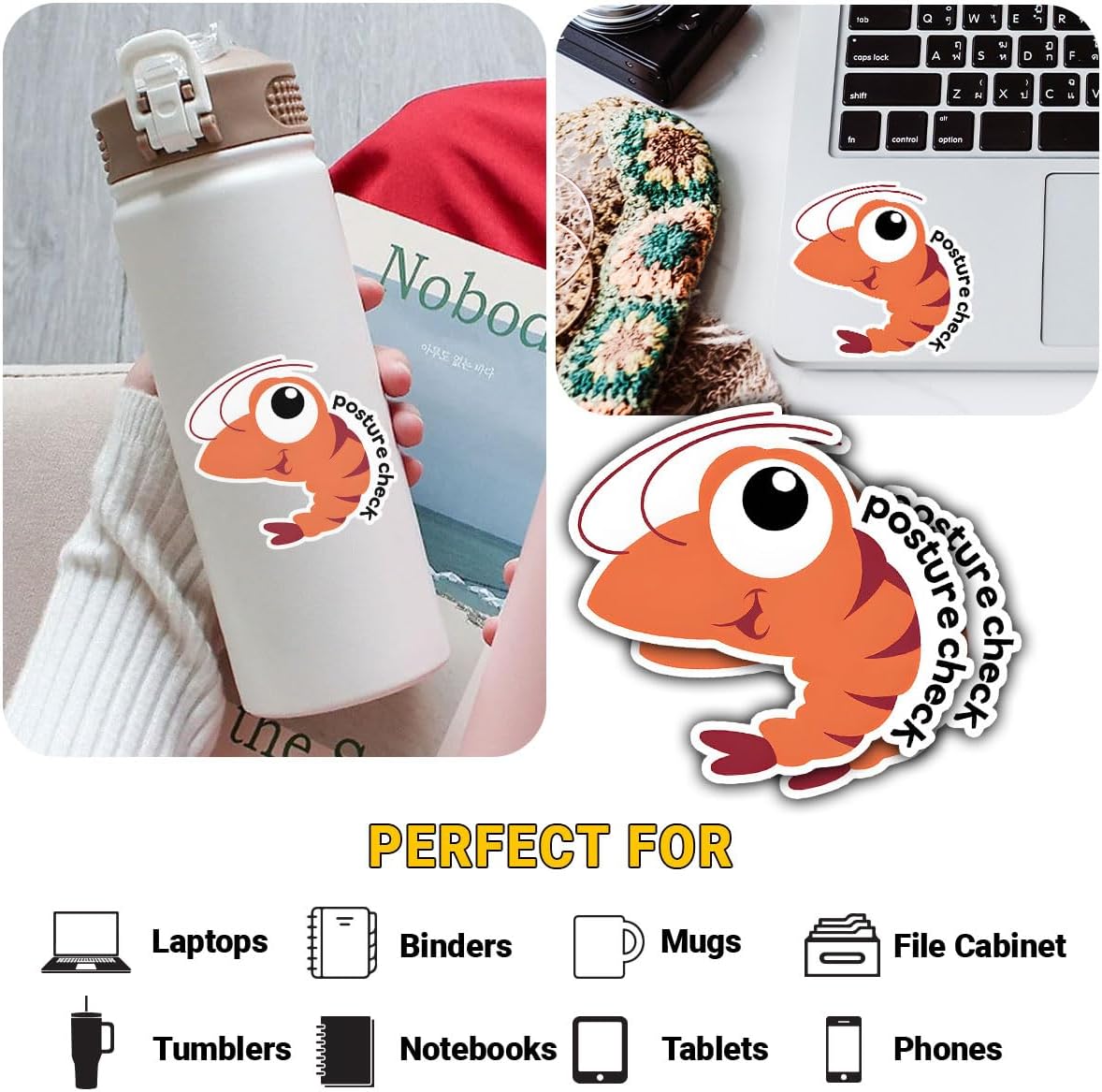 (3 PCS) Posture Check Sticker, Shrimp Stickers, Funny Health Quote Vinyl Decal Waterproof for Laptop, Water Bottle, Phone Case, Tumbler Gift for Office Workers, Fitness Enthusiasts (3 Inch) image 4