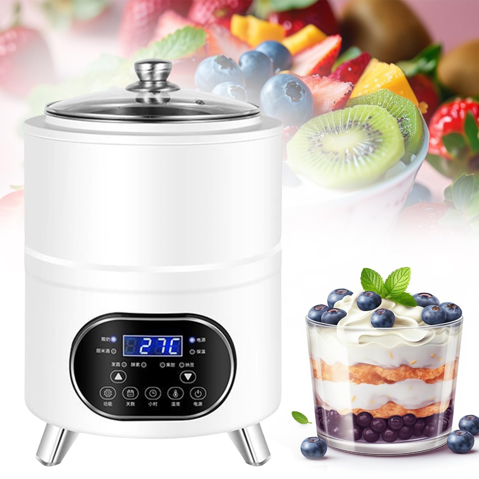Máquina de fermentación eléctrica para hacer yogur, capacidad de 8 litros, termostato ajustable de 25 a 80 °C, ideal para leche fermentada y dulce, color blanco, 8 l