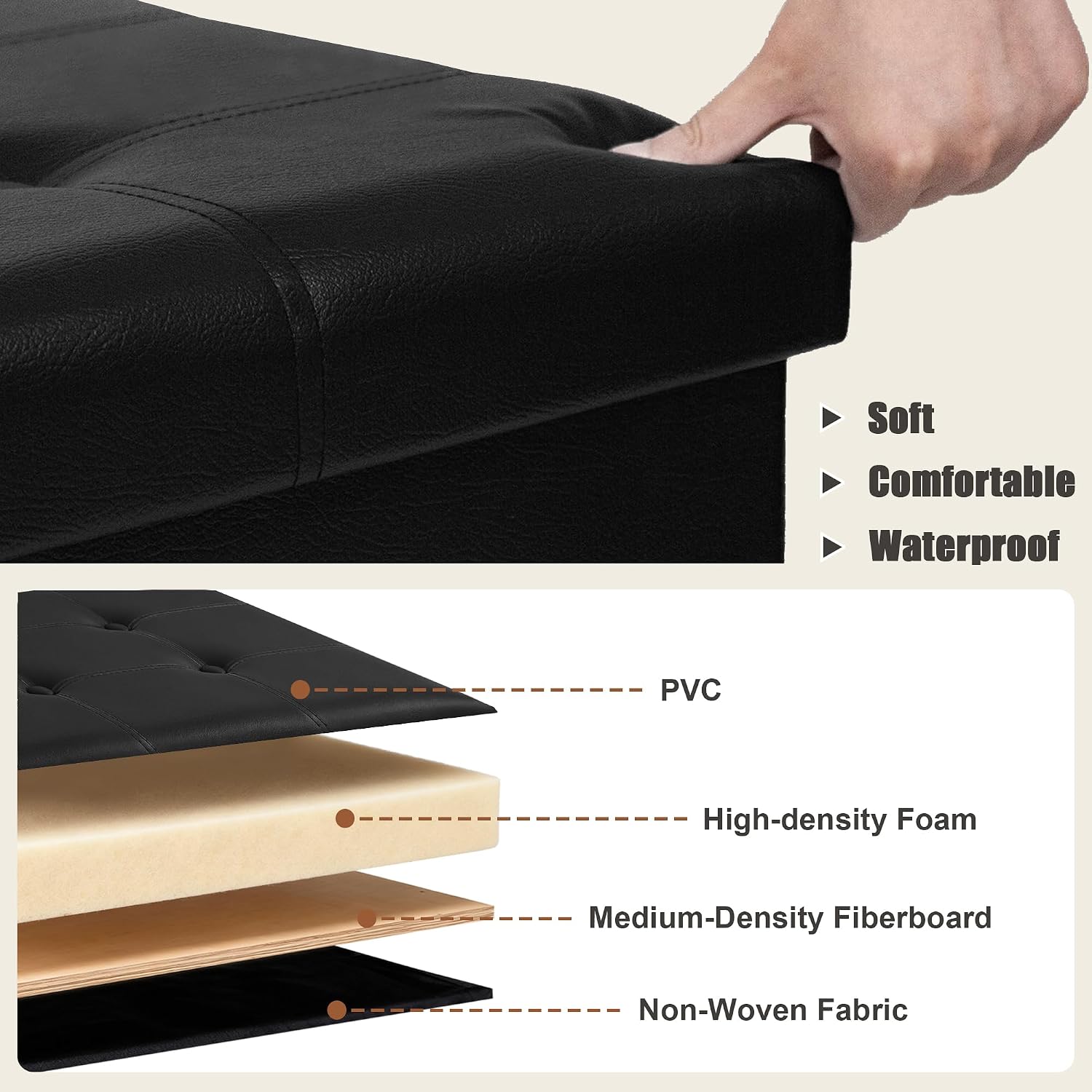 30 Inches Folding Storage Ottoman Bench, Faux Leather Footstool Ottoman, Storage Trunk Footrest for Bedroom, Living Room and Hallway, Support 350lbs, Black（Black line） image 5