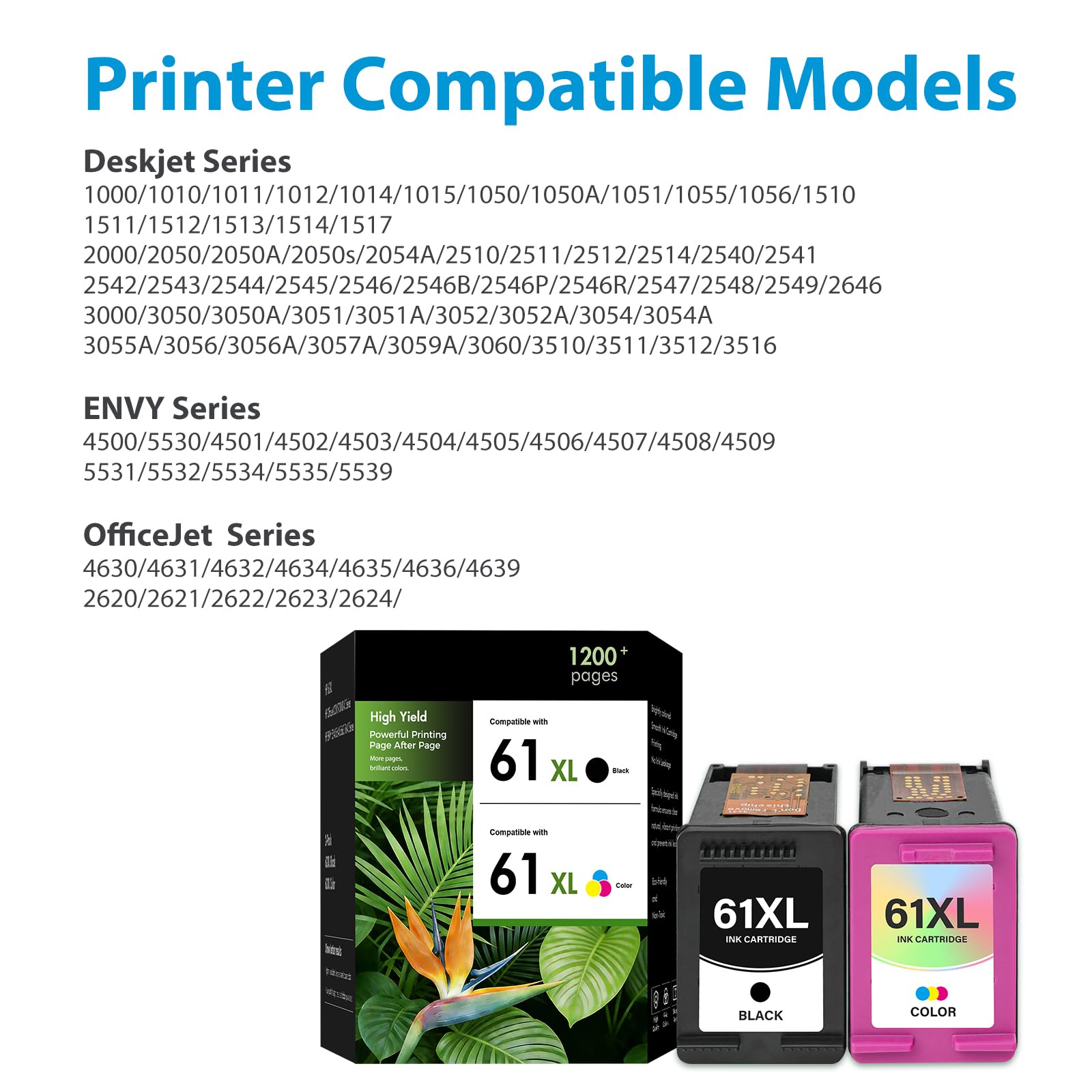 61XL Ink Cartridge Compatible Replacement for HP 61 XL Combo Pack High-Yield | Works with HP Envy 4500 5530 4502 Deskjet 1000 1050 1512 1513 2540 2542 3050 OfficeJet 4630 (1 Black,1 Tri-Color) — view 2
