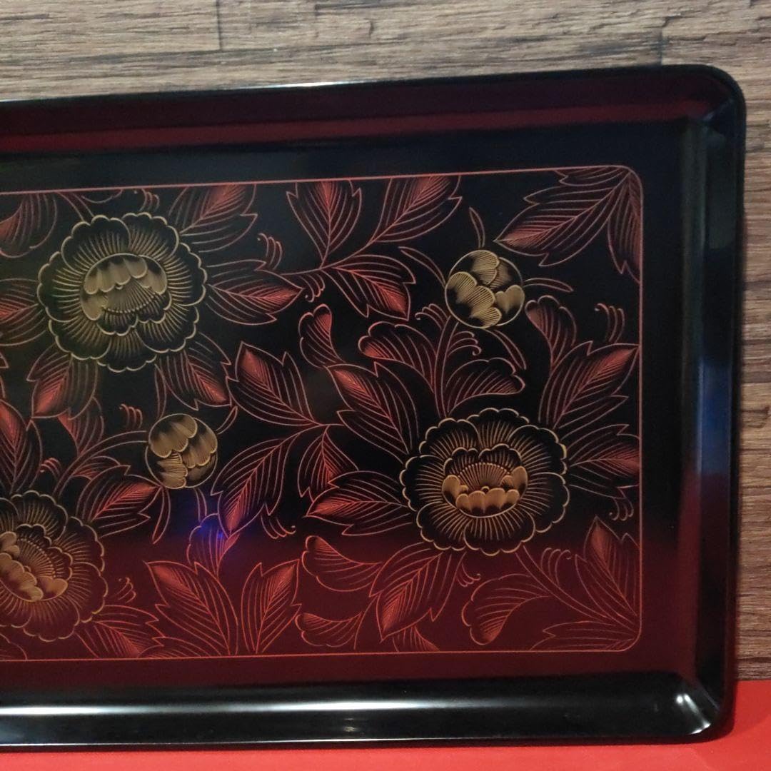 新品　輪島塗　小判盆　沈金花柄 Amazon.co.jp: 伝統工芸 輪島塗り 沈朱沈金牡丹模様 お盆 長手盆