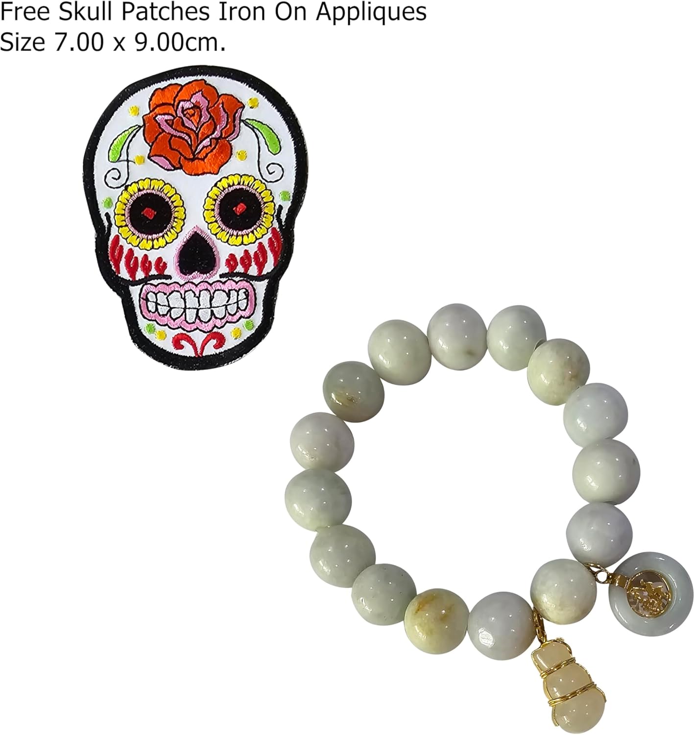 My Pet Elephant Heavens Tvcz Natural Thai Jade Bracelet 13.5mm Beads for Women with Lucky Jì Fú Coin & Calabash Prosperity Charm, Good Luck, Blessing, Spiritual Jewelry Gift, Free Skull Iron-On Patch - Image 5