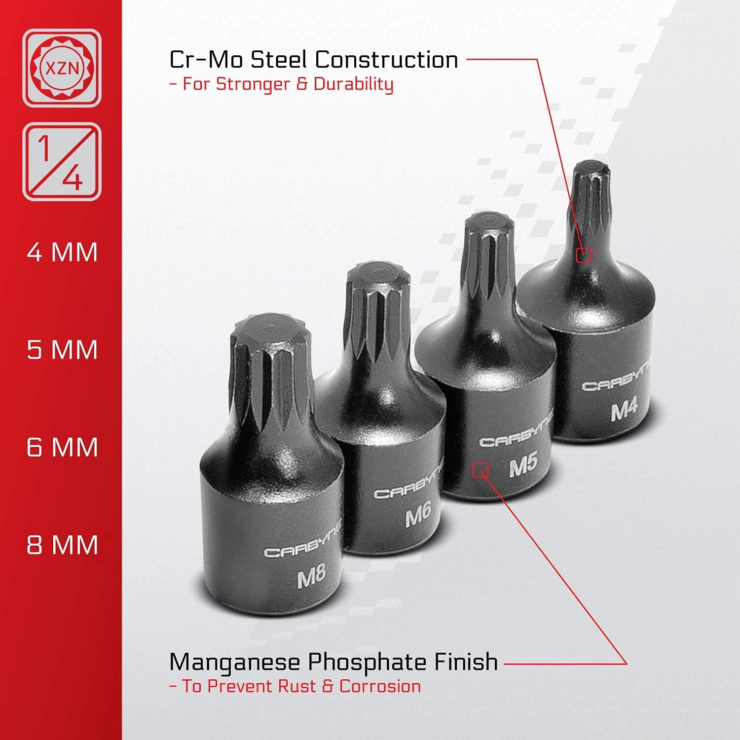 CARBYNE 9-Piece Triple Square Impact Socket Set, XZN Spline Bit, CrMo Steel, Manganese Phosphate Coating, Metric M4 to M18, 1/4 in. 3/8 in. and 1/2 in. Drive