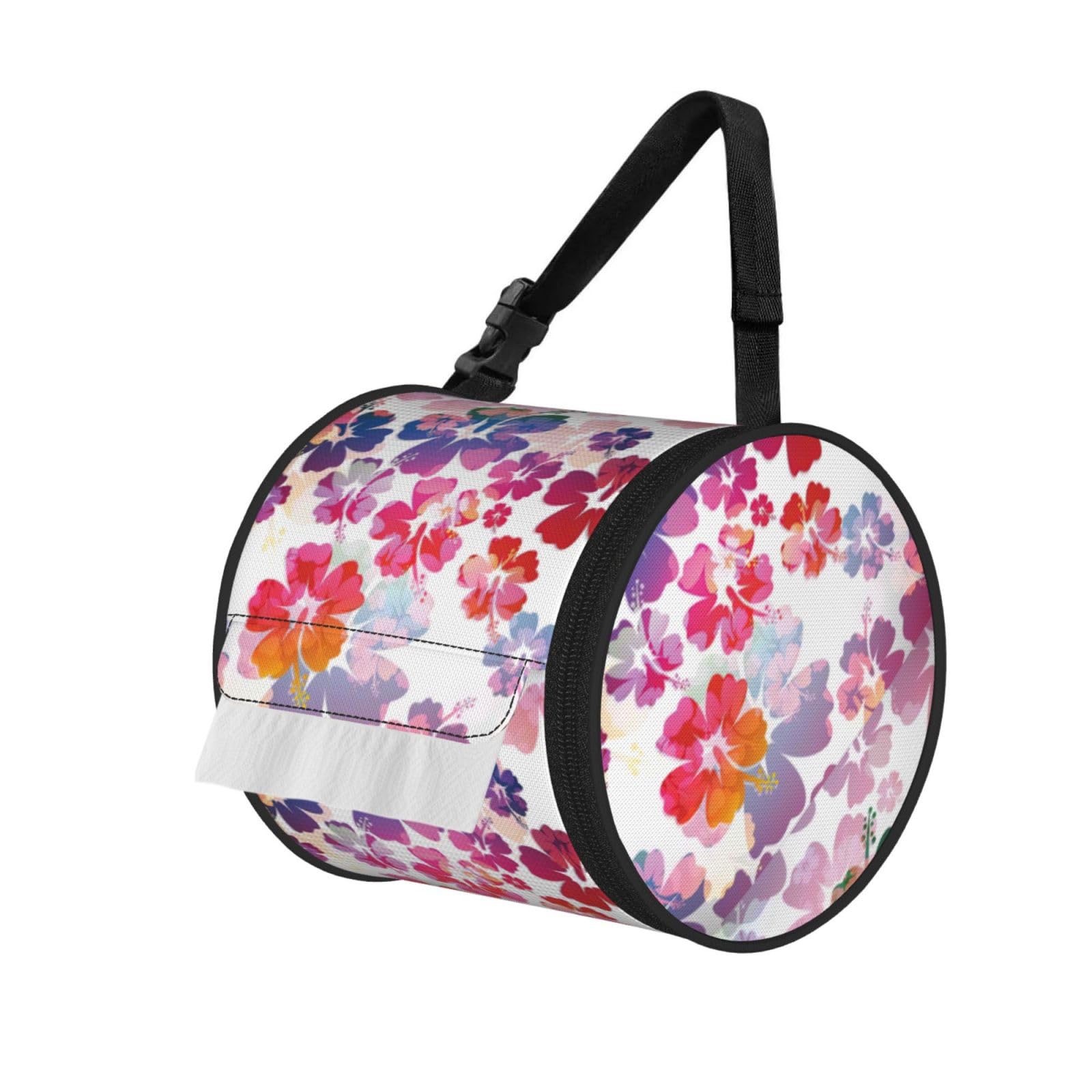 Hawaiian Flower Print Print Round Paper Tissue Holder With Shoulder Strap, Portable Roll Case For Caravan Travel Use