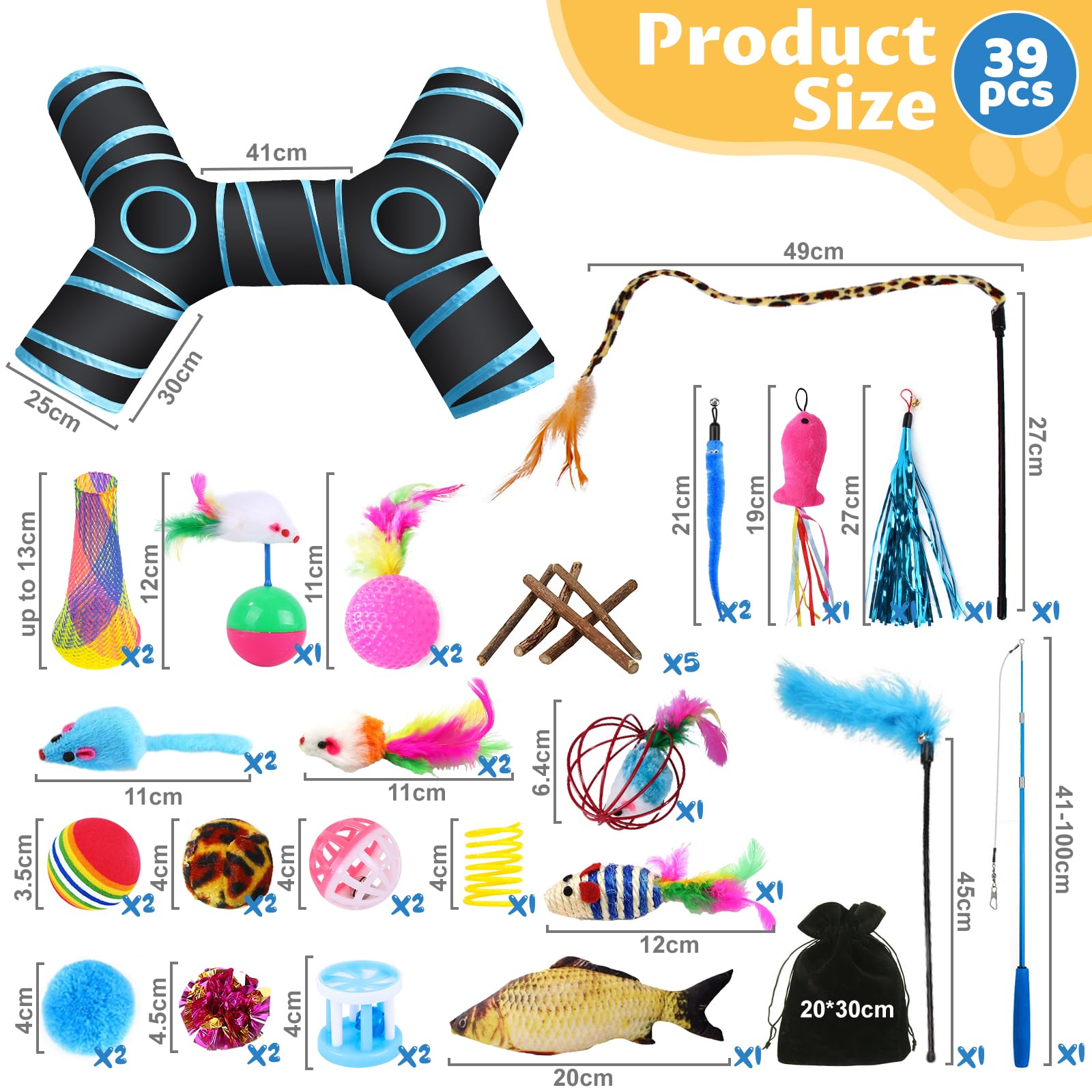 Set de 39 Piezas para Gatos con Túnel, Palo Divertido, Ratones, Hierba Gatera, Bolas, Campanas, Tumbler y Peces