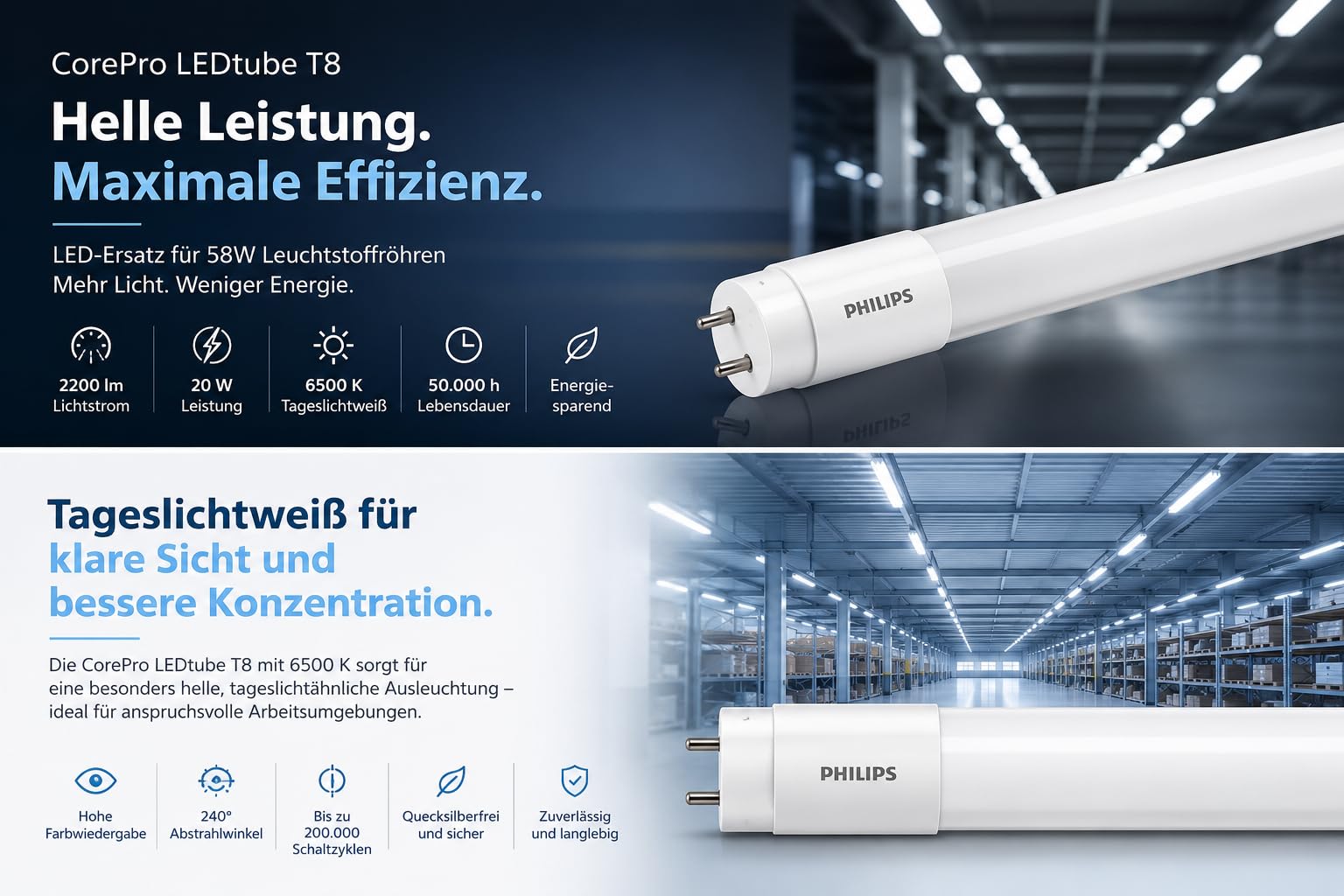 Philips 10x CorePro LEDtube T8 LED-Röhre, Kaltweiß 6500K, 10 Stück, 20W, G13-Sockel, 2200 lm, Ersatz für 58W TL-D, 220-240V 10er SPARPACK