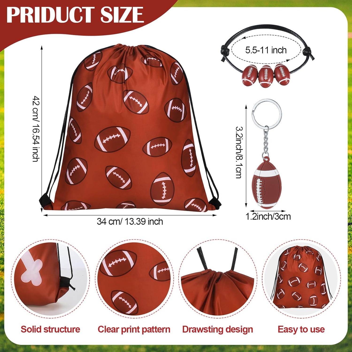 Patelai 36 Pcs Football Party Favors 12 Football Drawstring Gift Bags Team Sports Goodie Treat Bag Candy Snack Backpack 12 Adjustable Bracelets 12 Keychains for Birthday Party Supplies Decorations - Image 2