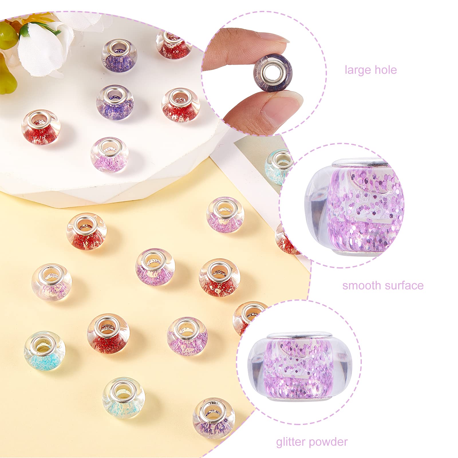 UR URLIFEHALL 100 Pcs Colourful Resin European Beads with Glitter Powder Large Hole Beads for Bracelet Necklace Earring Jewellery Making - Image 4