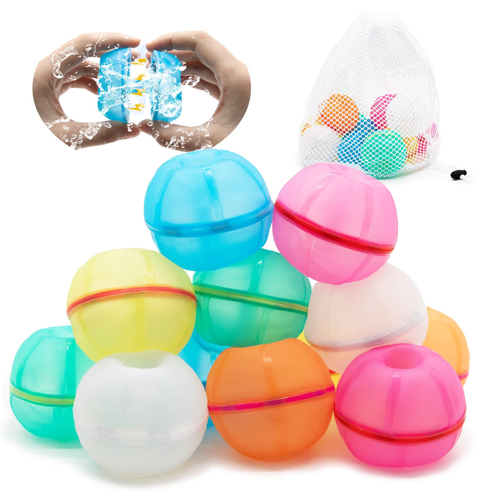Markdang Reusable Water Balloons For Kids 12 Pack 2.75” Magnetic Refillable Water Balloons Silicone Self Sealing Water Bombs Splash Balls Colorful Donut Design Happy Water Bombs