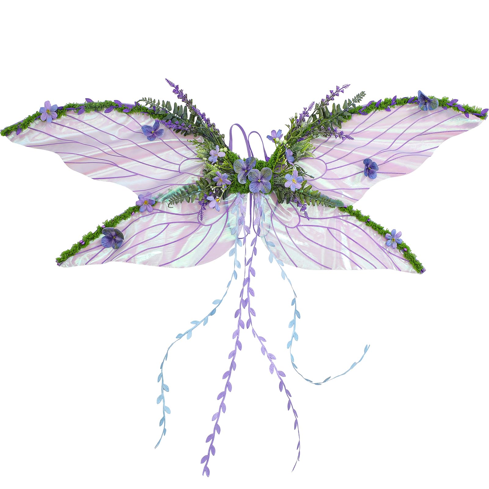 PartyforU Purple Women Fairy Wings, Butterfly Wings Adult with Flowers Leaves and Vines, Woodland Fairy Dress Costumes for Renfaire Halloween Costume
