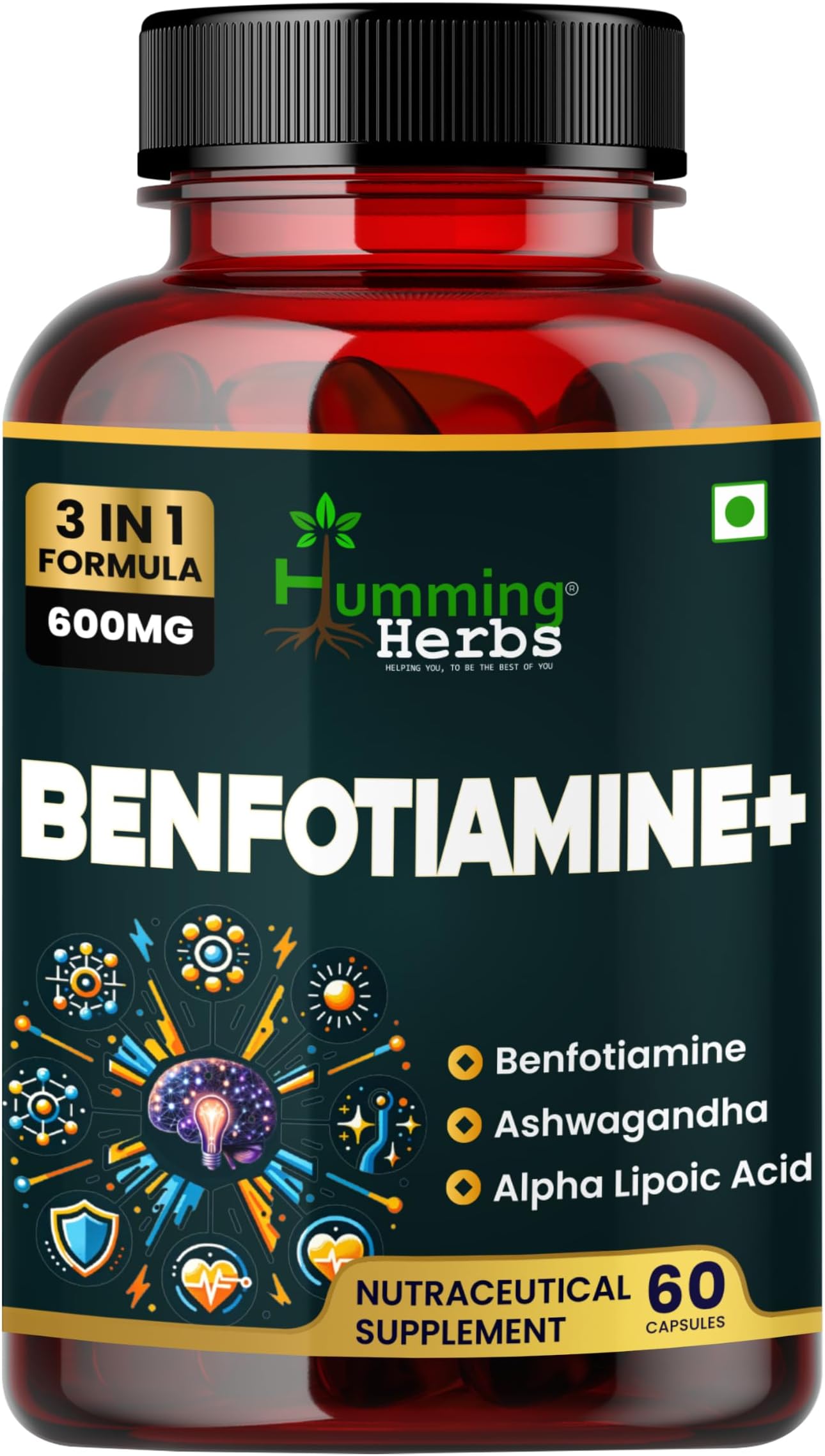 Benfotiamine+ 600mg with Ashwagandha & Alpha Lipoic Acid - Antioxidant & Energy Support - Promotes Nerve Health & Metabolic Function - Nutraceutical Supplement (60 Caps)