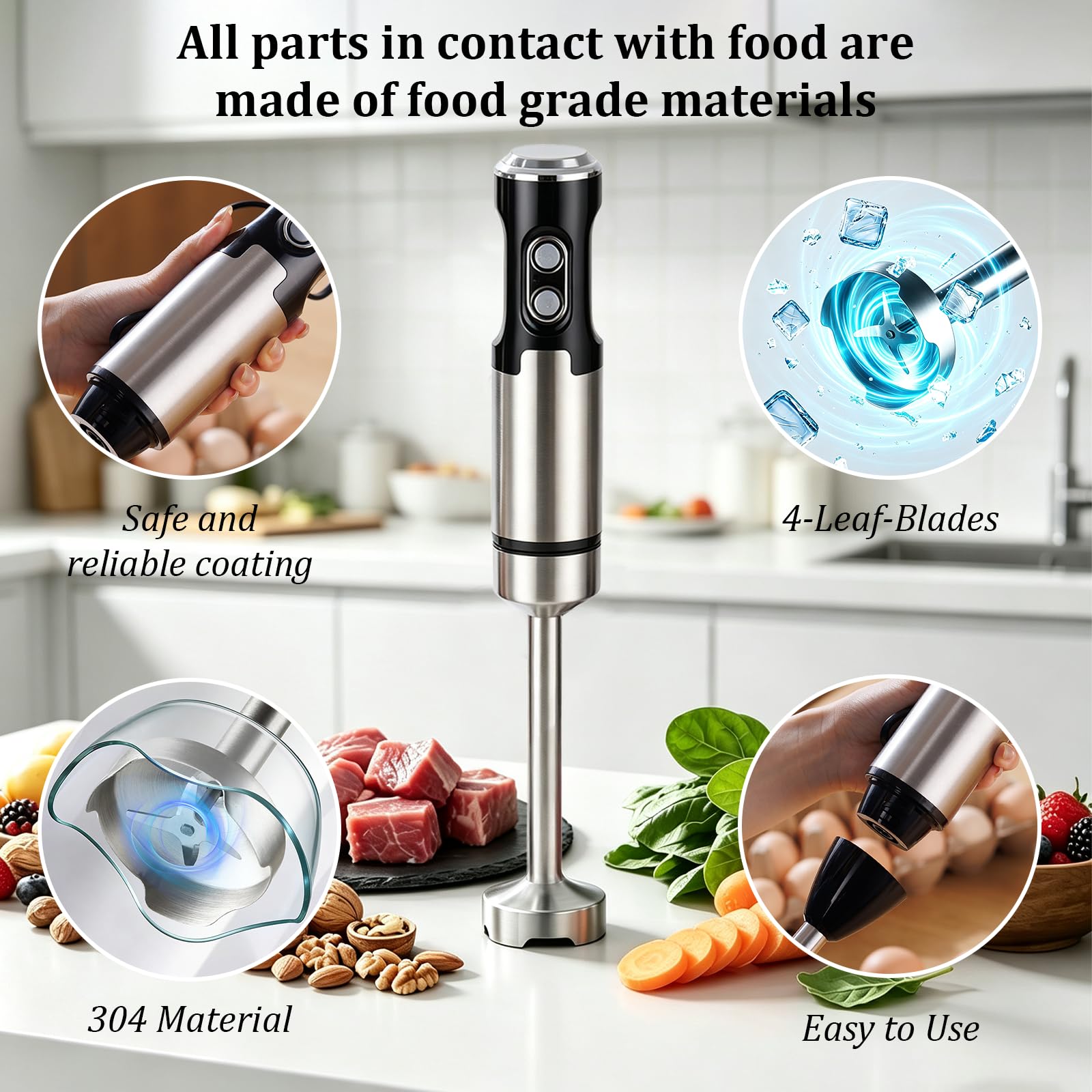 Frullatore a immersione 4 in 1, max 1000 W, motore resistente, 7 modalità di velocità, lama in acciaio inox con tritatutto da 500 ml, bicchiere da 600 ml per alimenti per bambini e frullati