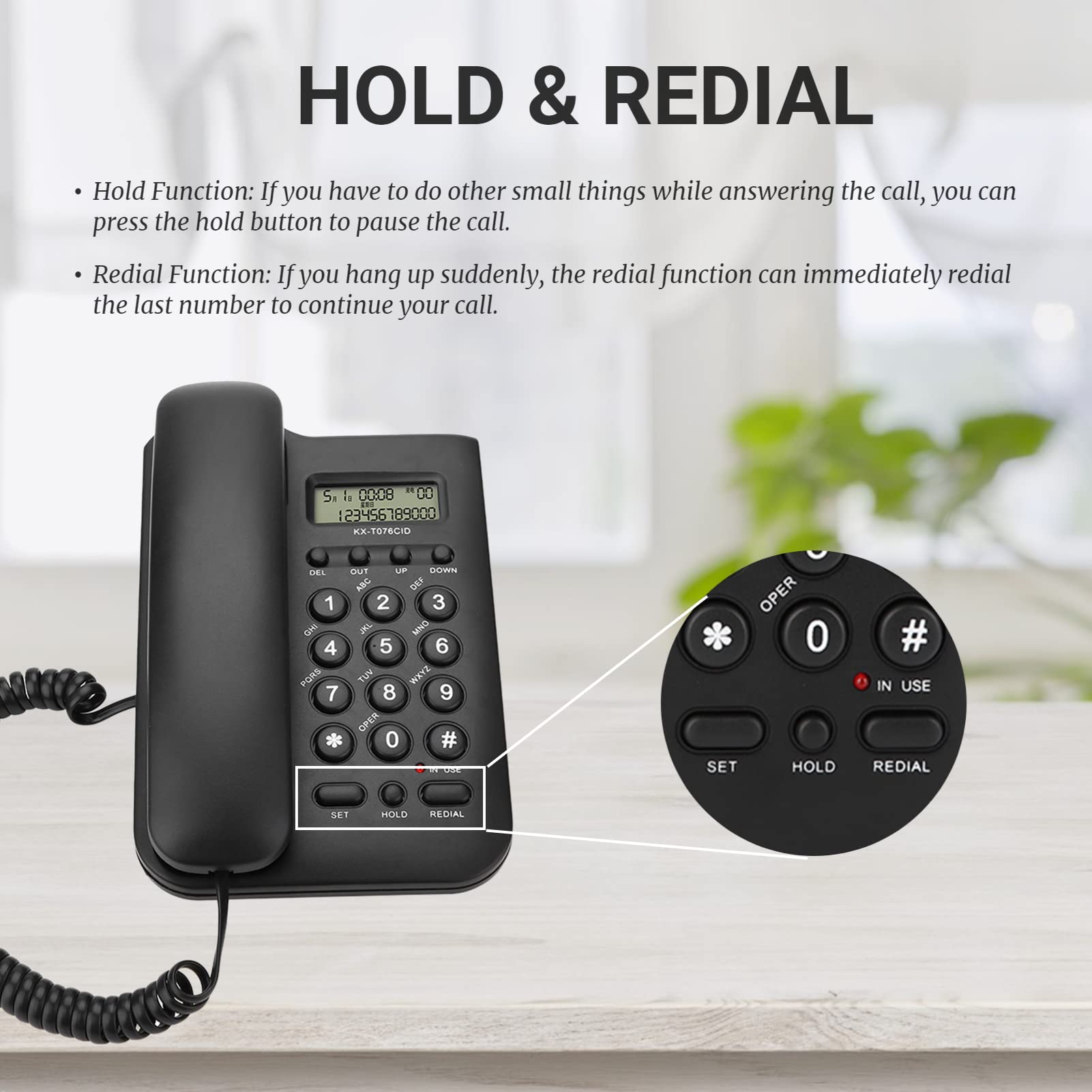 Schnurgebundenes Telefon, schnurgebundenes Tischtelefon mit Telefonkabel, großen Tasten, einstellbarer Lautstärke, Festnetztelefon für Home Office Hotel, unterstützt FSK/DTMF Dual System(Schwarz)