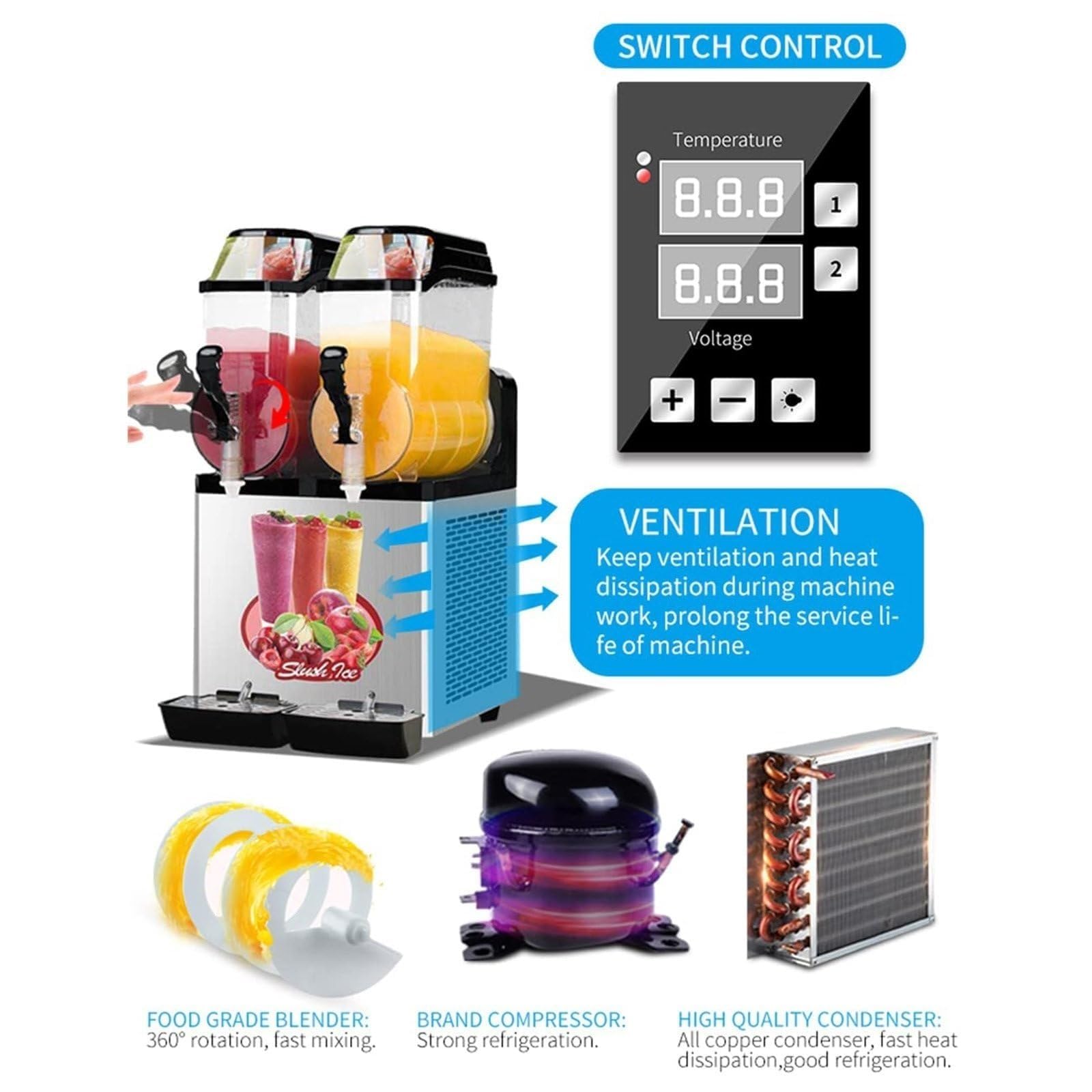 Máquina De Granizados Comercial con Control De Temperatura Independiente Y Limpieza con Un Solo Toque. Ideal para Hoteles, Bares, Fiestas Y Restaurantes De Comida Rápida. Color Negro. 36 L.
