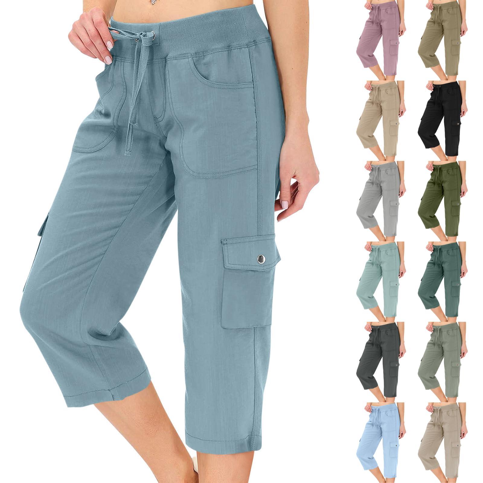 Cargo Capris for Women Summer Drawstring Capris Pants Casual Hiking Pants Lightweight Wide Leg Capri Pant