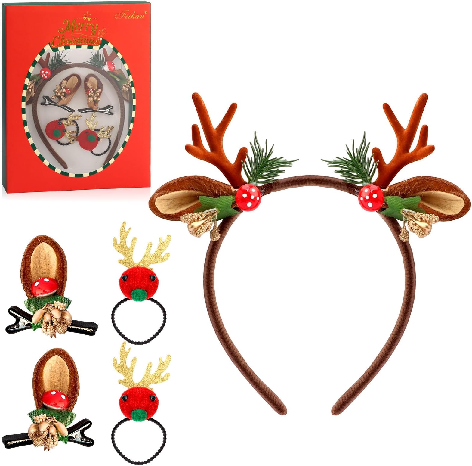 Aprince Christmas Headband Reindeer Antlers Hair Clip and Hair Ties Deer Ears Christmas Gifts for Girls Kid Hair Accessories for Women Headpiece Costume Decorations Party Favors Set 4