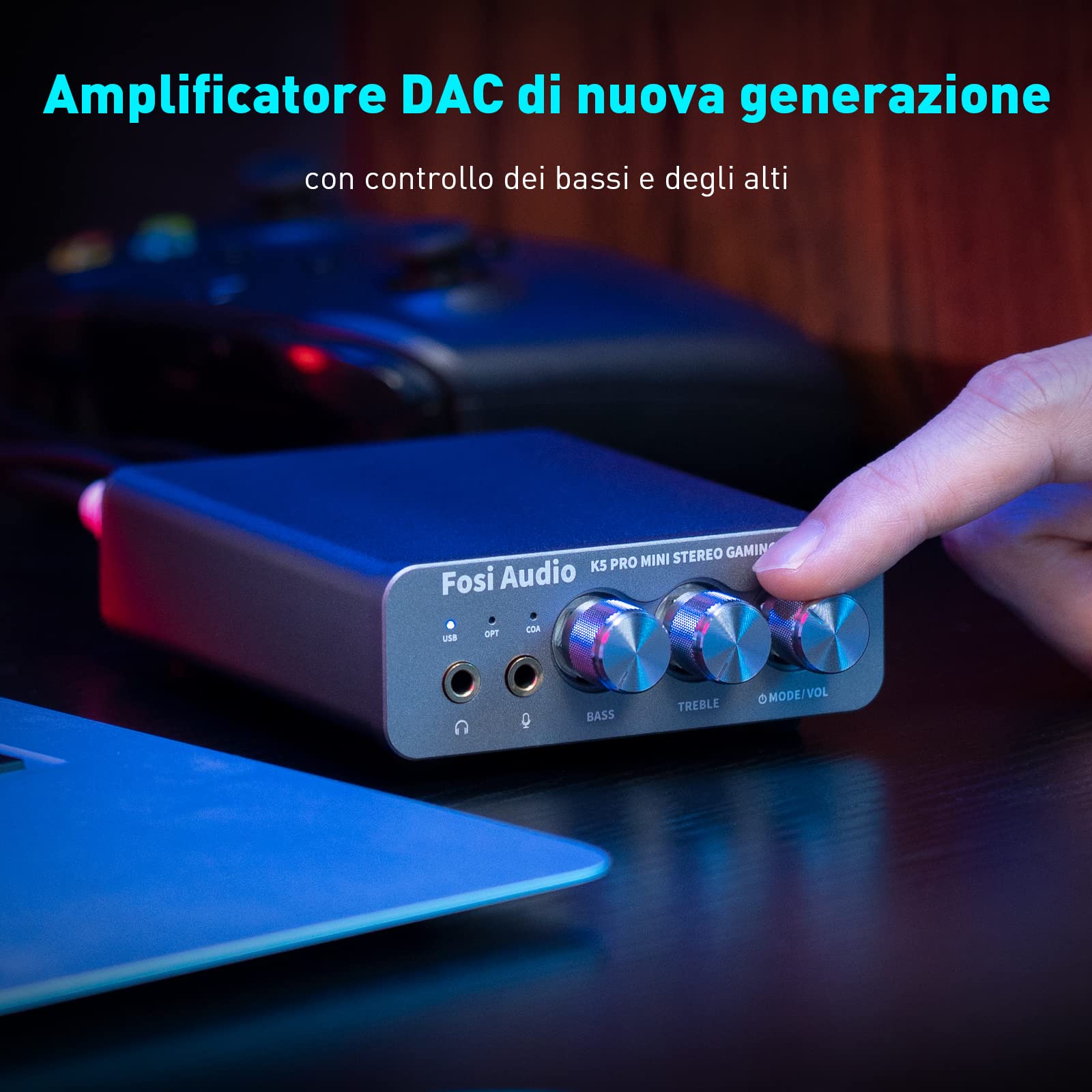 Fosi Audio K5 Pro Amplificatore per Cuffie DAC USB C Uscita 3,5 mm RCA Ingresso Microfonico Ottico Coassiale USB Type C Gaming DAC AMP Hi-Res PS5 PC MAC