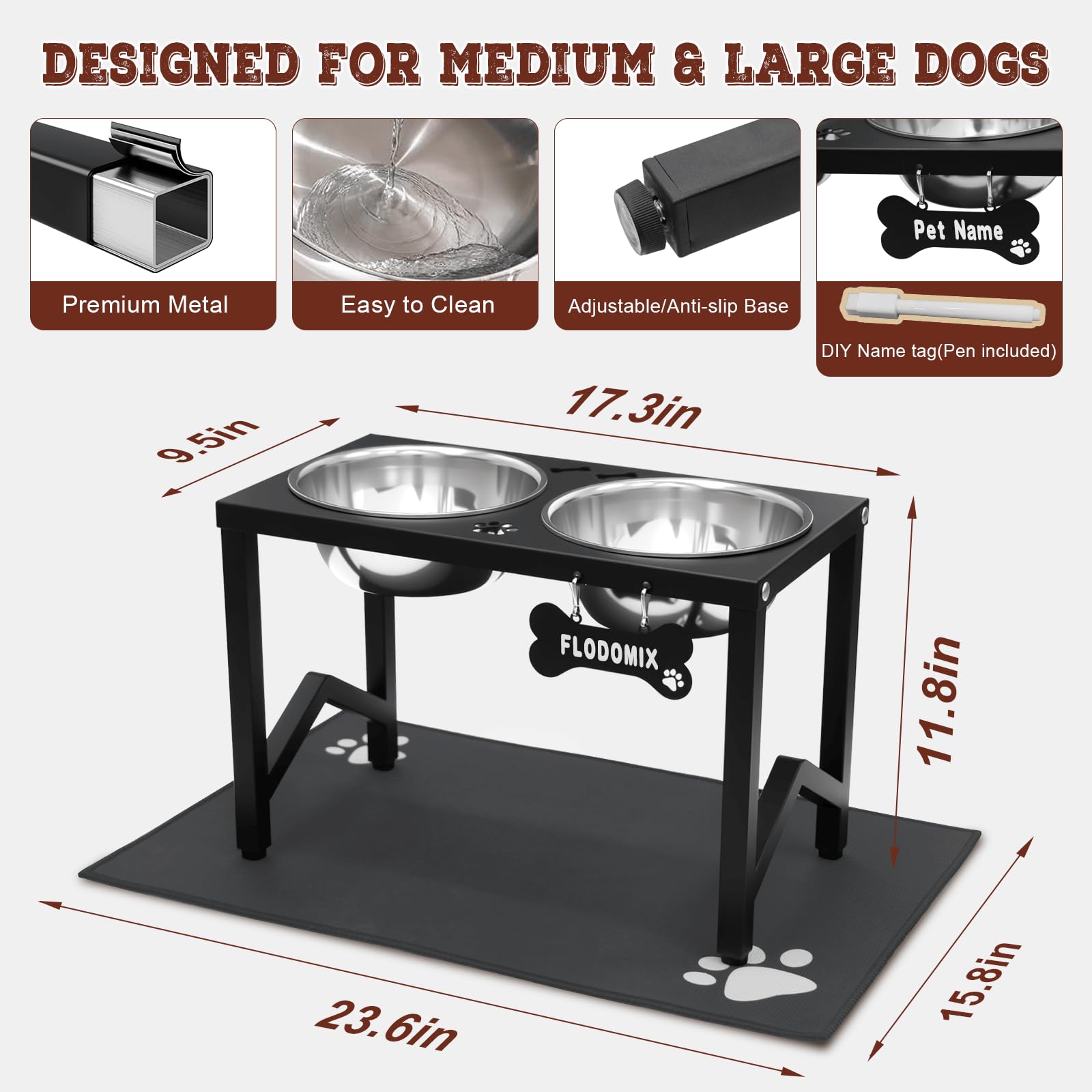Ciotole per cani rialzate, supporto rialzato in metallo con 2 ciotole in acciaio inox spesse 1,644 g e tappetino antiscivolo, altezza 30 cm, per razze medie/grandi