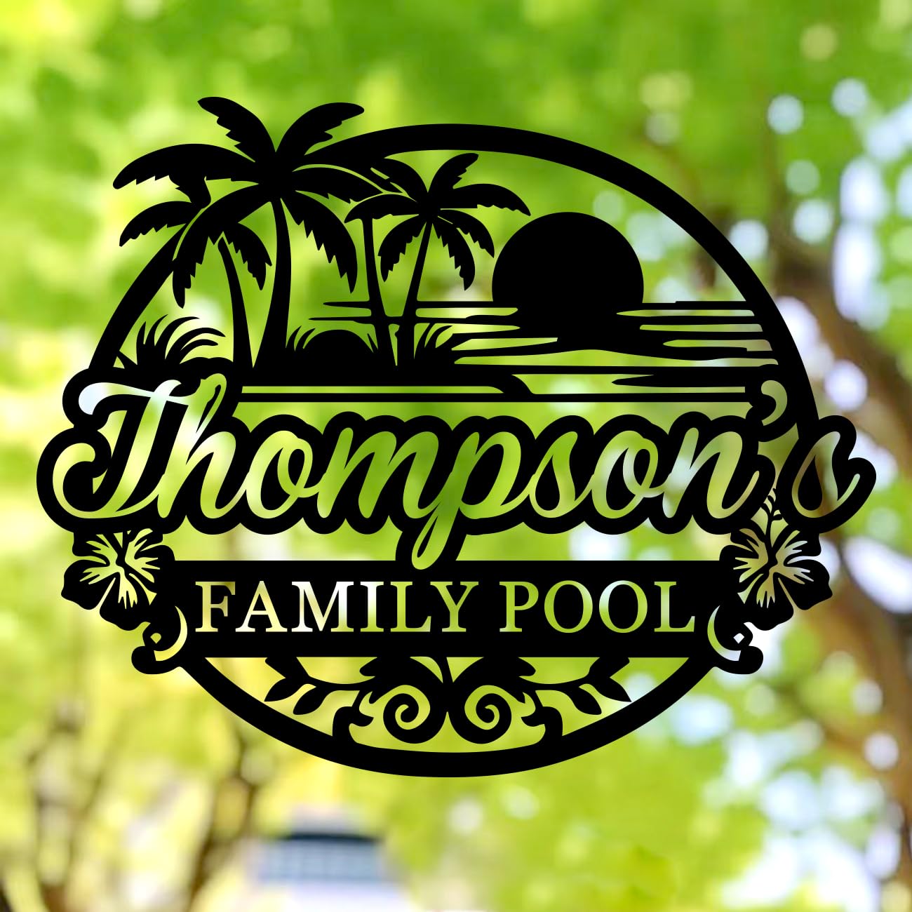 MONOGRAMSIGN-WALL Custom Backyard Pool Signs, Personalised Patio Metal Decor, Large Palm Tree Tropical Metal Wall Art, Monogram Last Name Signs, Pool