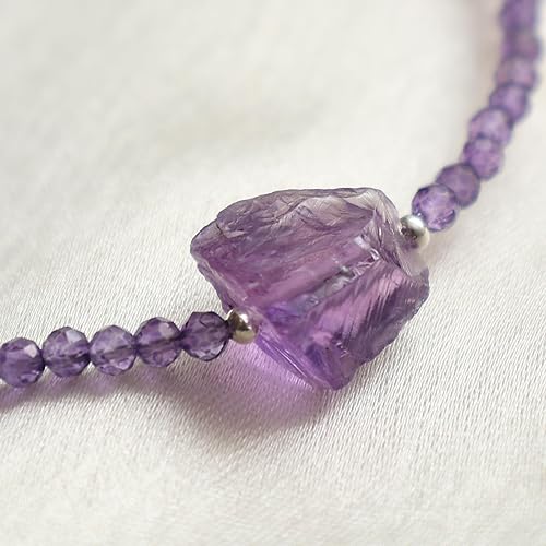 Miniatura 2 de Gempires Genuine Amethyst Beaded Bracelet for Women, Faceted Beads 2.4-2.5 mm with Raw Amethyst Stone, February Birthstone Gift for Her, Silver
