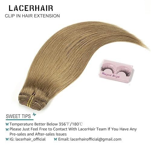 Vista 152 de Lacer Extensiones de cabello humano con clip, de doble trama, cabello brasileño de cabeza completa, color negro azabache, extensiones de cabello