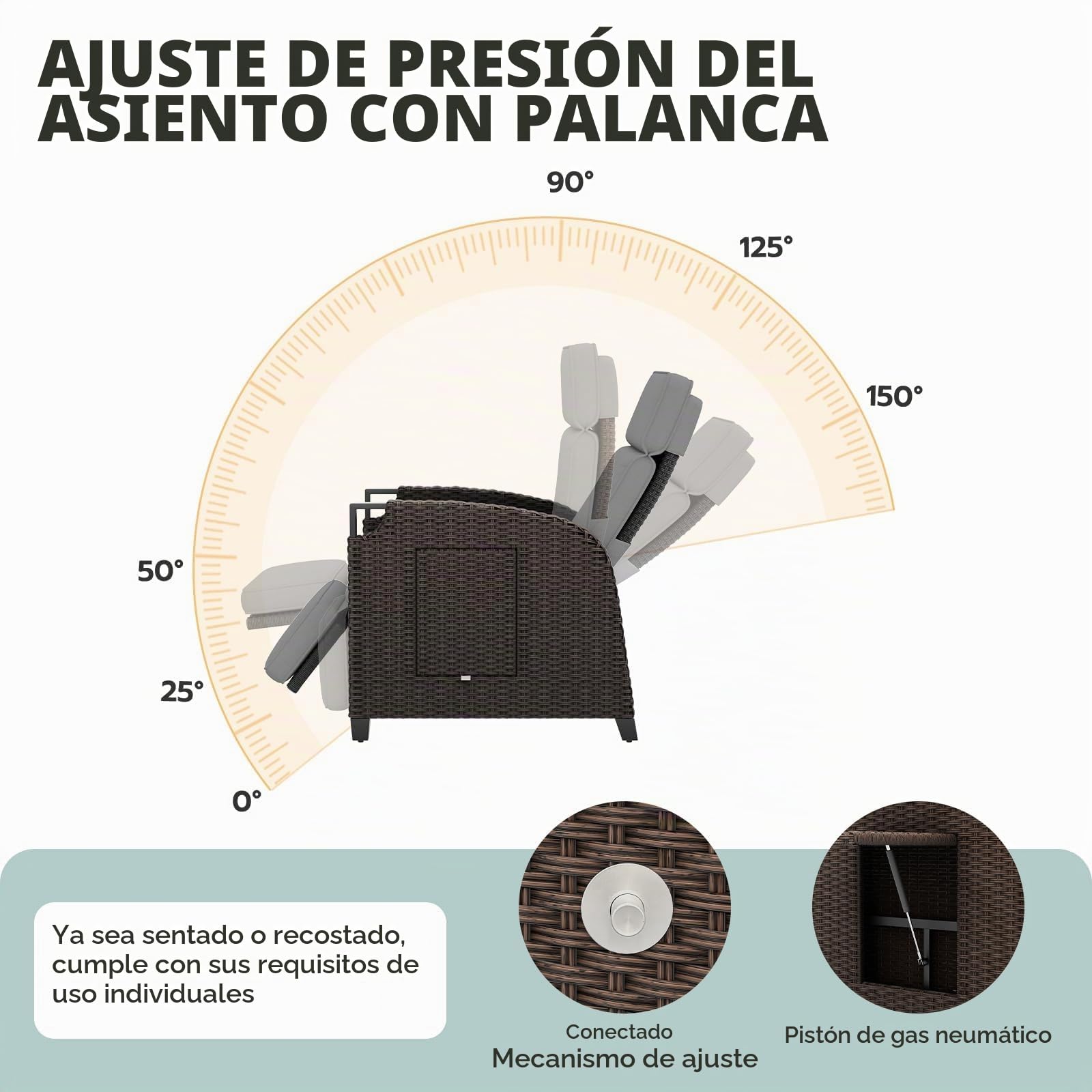 UDPATIO Sillón Ratán Jardin Exterior Reclinable, Tumbona de Jardín Ajustable 150°, con Respaldo Ajustable, Fundas + Extraíbles Cojines, Impermeable, para Interior y Exterior - Marrón