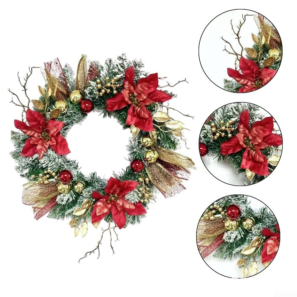 Couronne de Noël lumineuse de 40,6 cm avec poinsettia rouge et pommes de pin dorées à paillettes pour décoration de porte, mur, cheminée