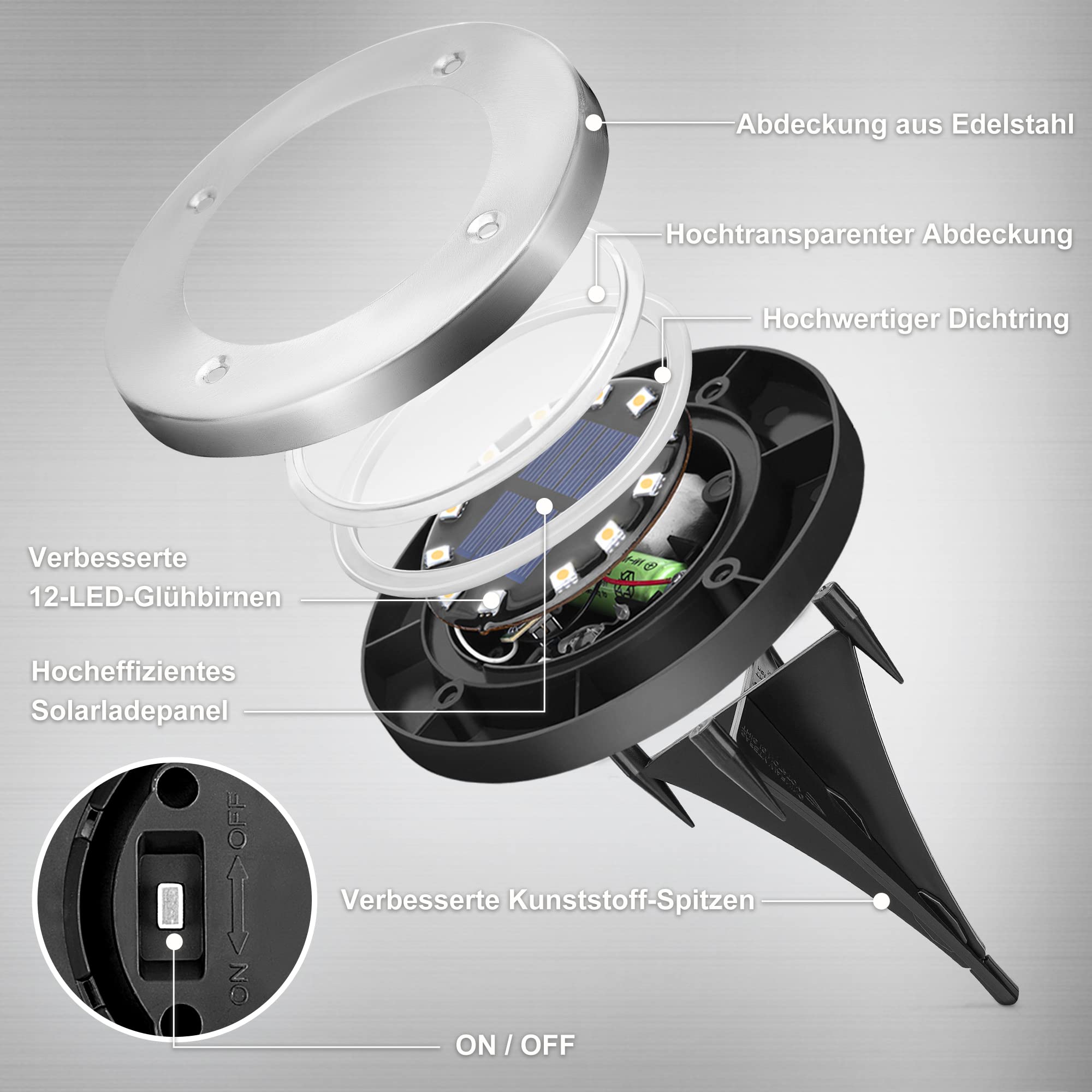 Solpex Luci da pavimento a energia solare, 12 LED, 8 pezzi, bianco, in acciaio inox, impermeabile, per esterni, giardino, terrazza, prato, cortile, passerella