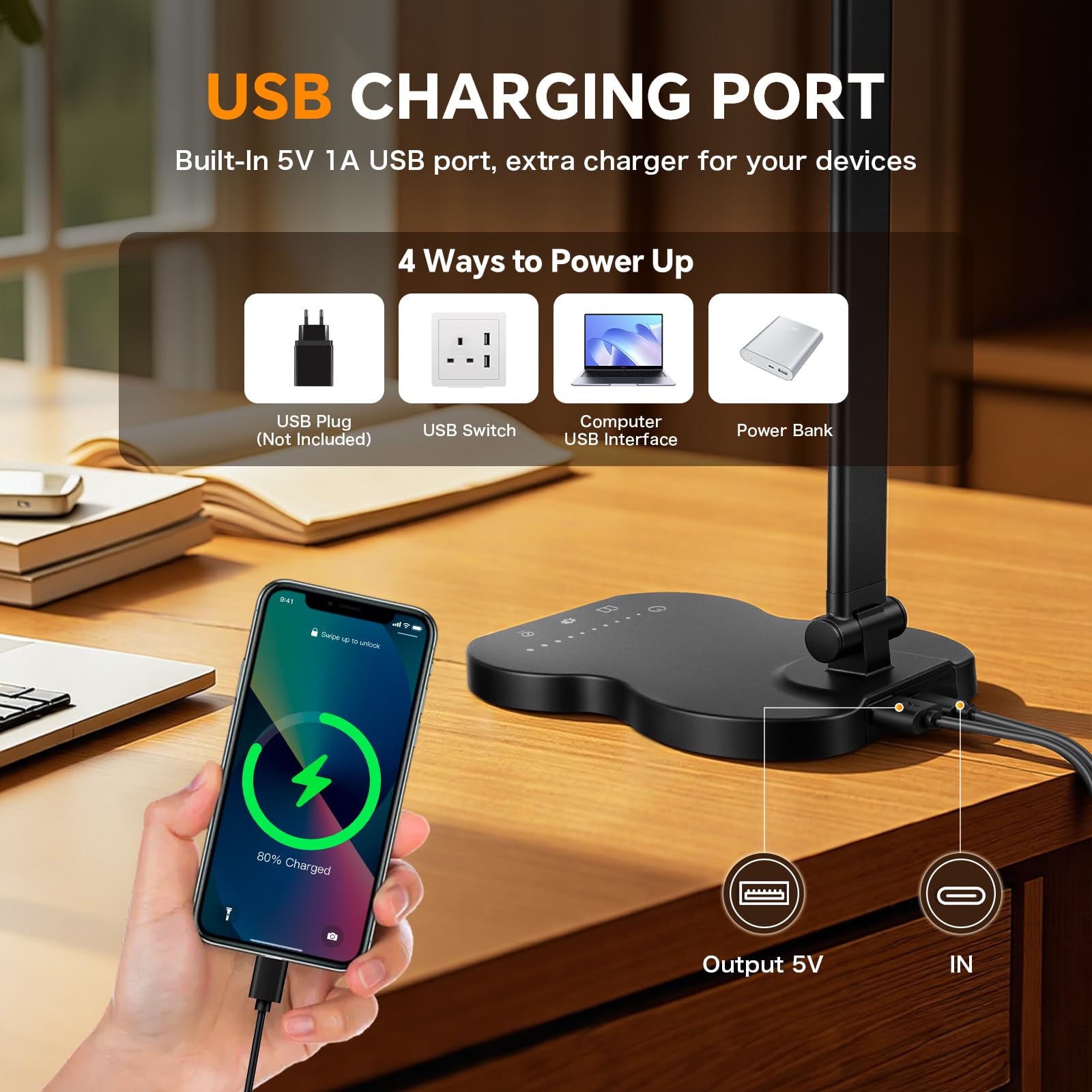 Caldarax Desk Lamp Dimmable, Eye Caring Table Lamp with USB C Port, 5 Colour Modes x 10 Brightness Levels, 45Min Timer - Image 3