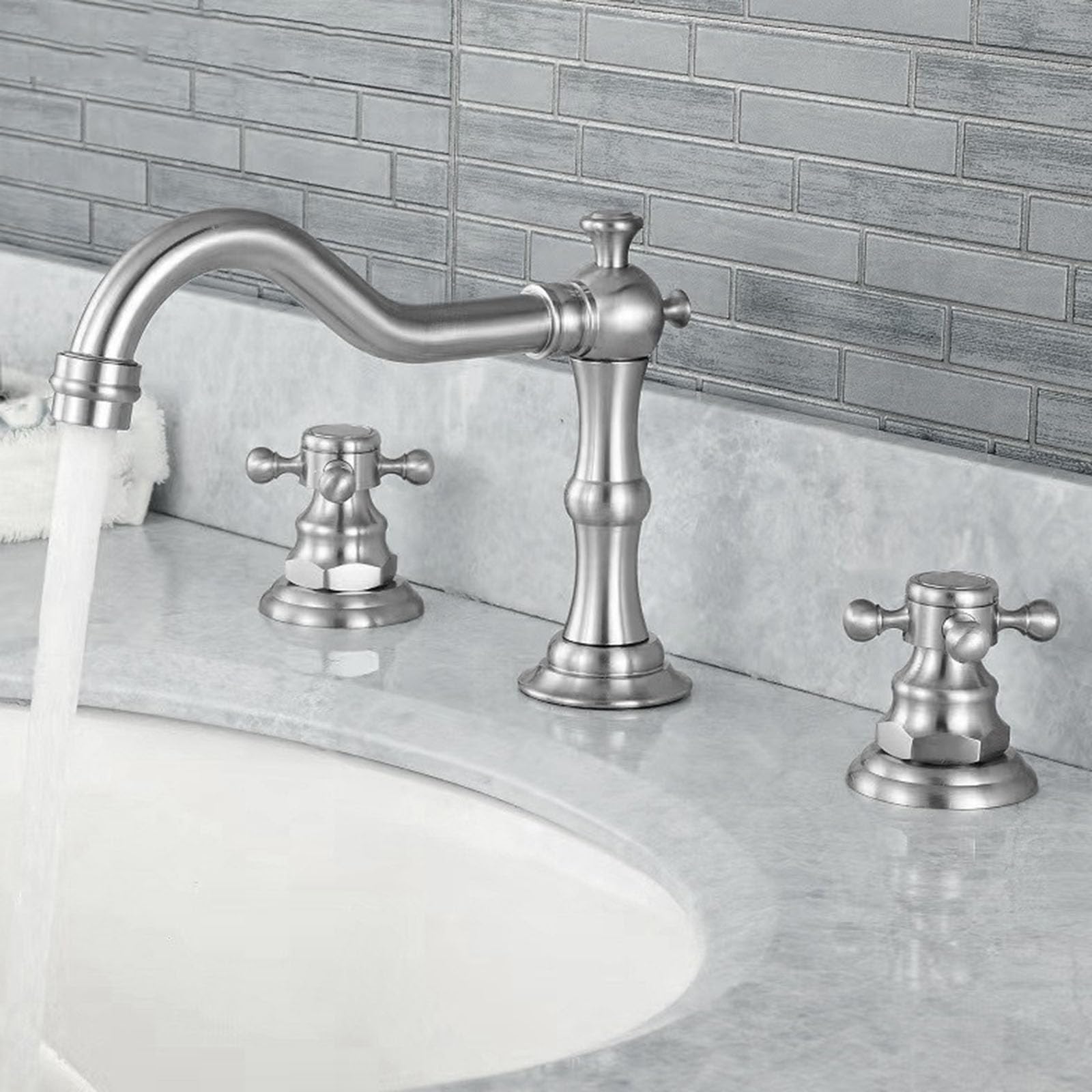 Mitigeur de Lavabo Moderne Levier Croisé 3 Trous Mélangeur de Lavabo Retro Robinet de Salle de Bains En Laiton Brossé Chaud Et Froid
