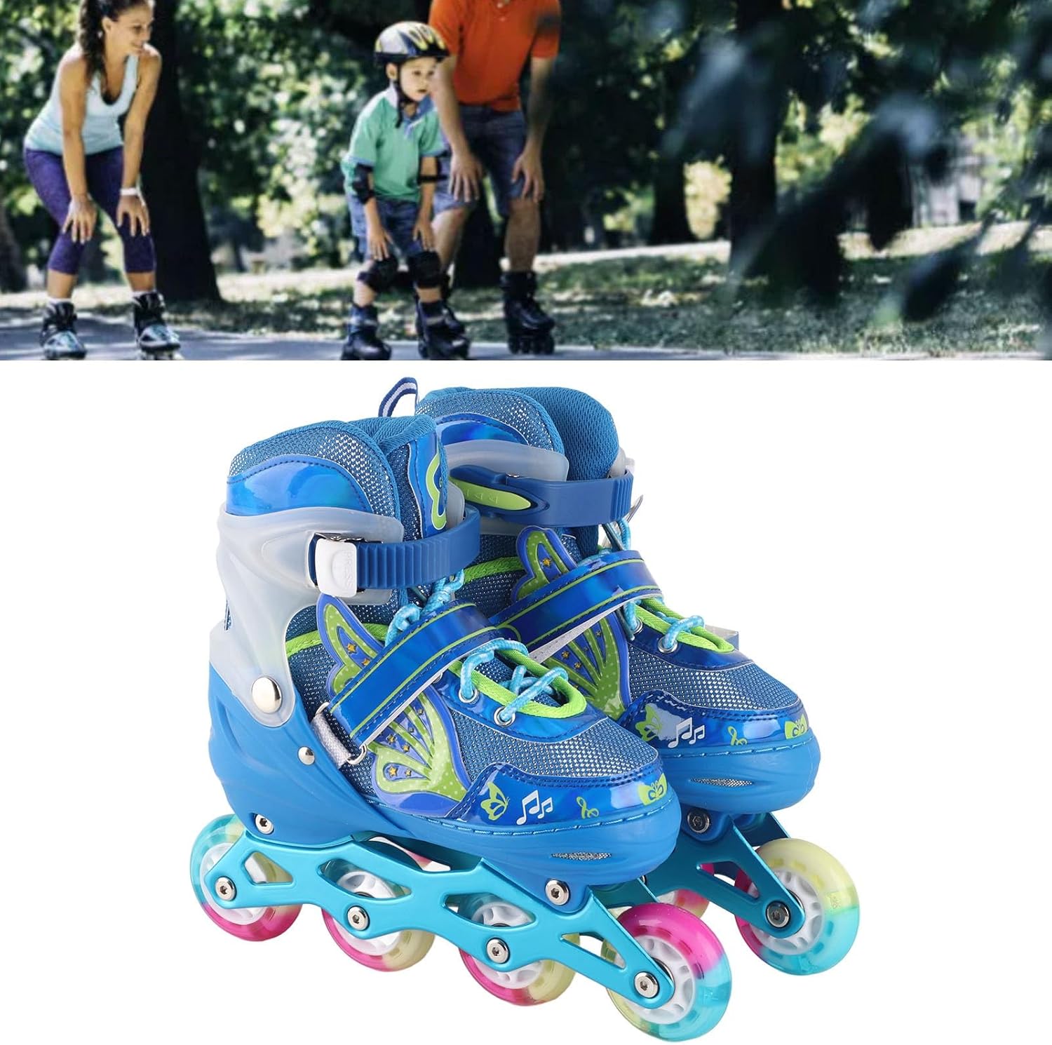 Adjustable Blue Breathable Light Up Roller Skates for Kids Rolling Blades M Size Children with Storage Bag